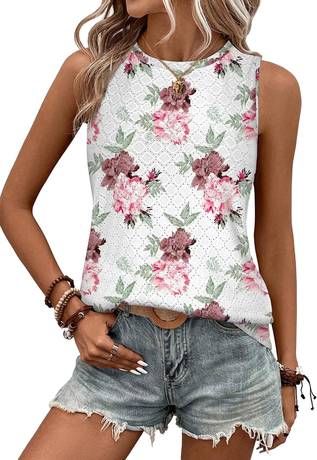 Zeagoo Tank Tops for Women Sleeveless Eyelet Shirts High Neck Cute Summer Top Loose Fit S-XXL