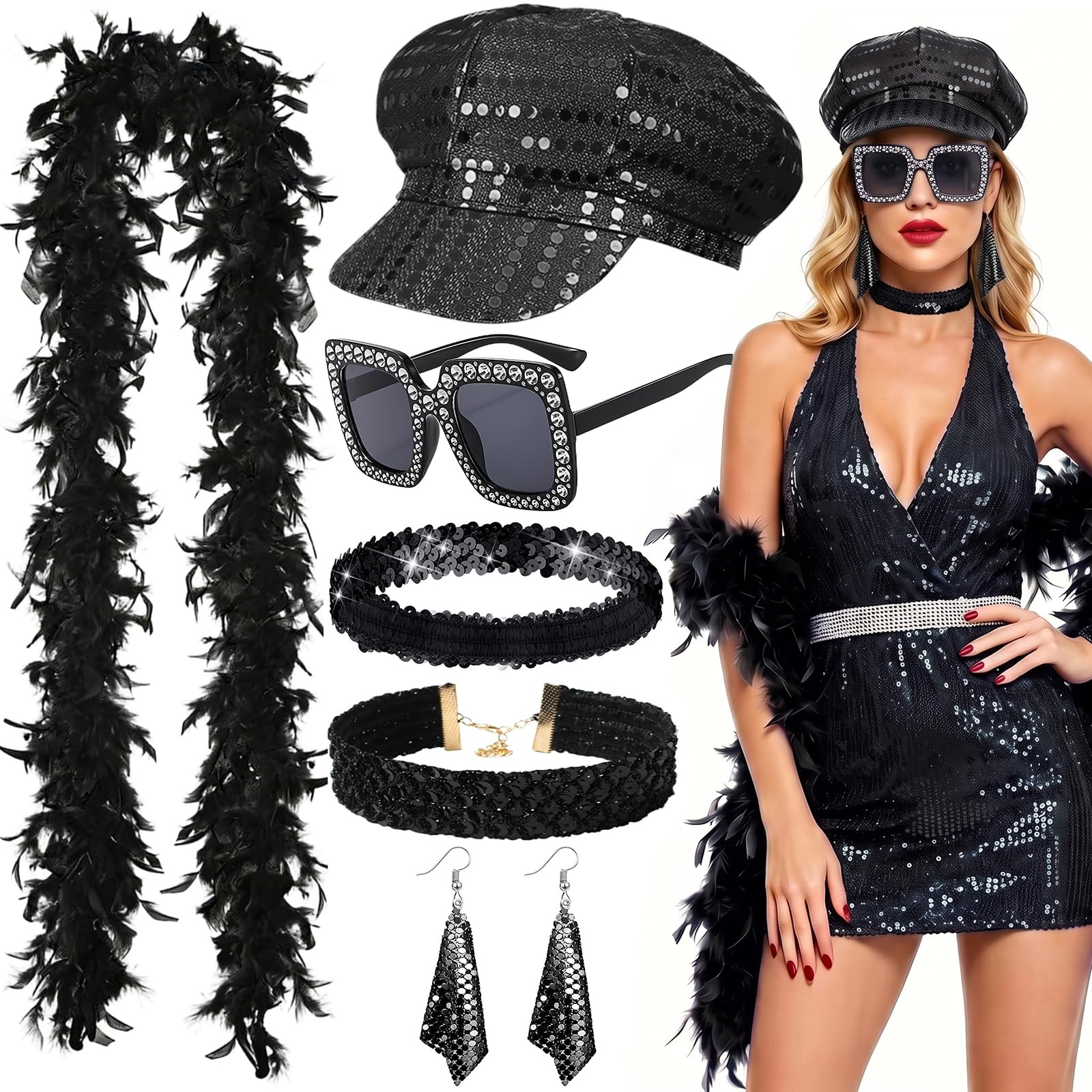 iSharely 6Pcs Disco Costume for Women, 70s Disco Accessories Set (Black)