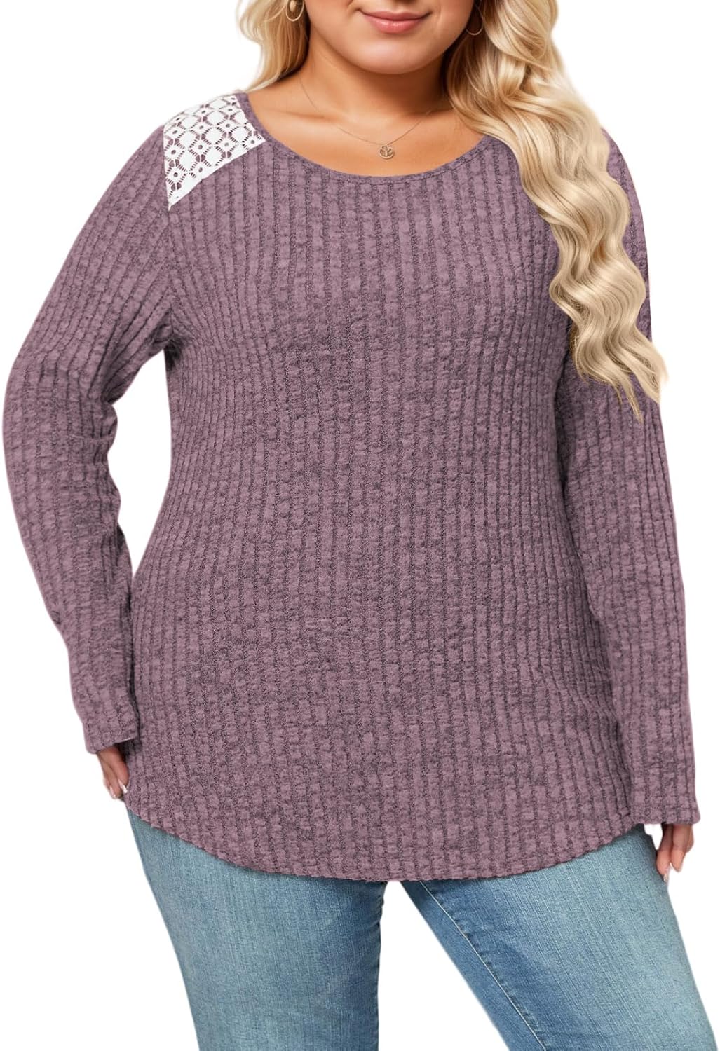 ROSRISS Plus-Size Sweaters for Women Casual Lace Ribbed Knit Pullover Tops Trendy Soft Long Sleeve Crew Neck Shirts XL-5XL - Image 3