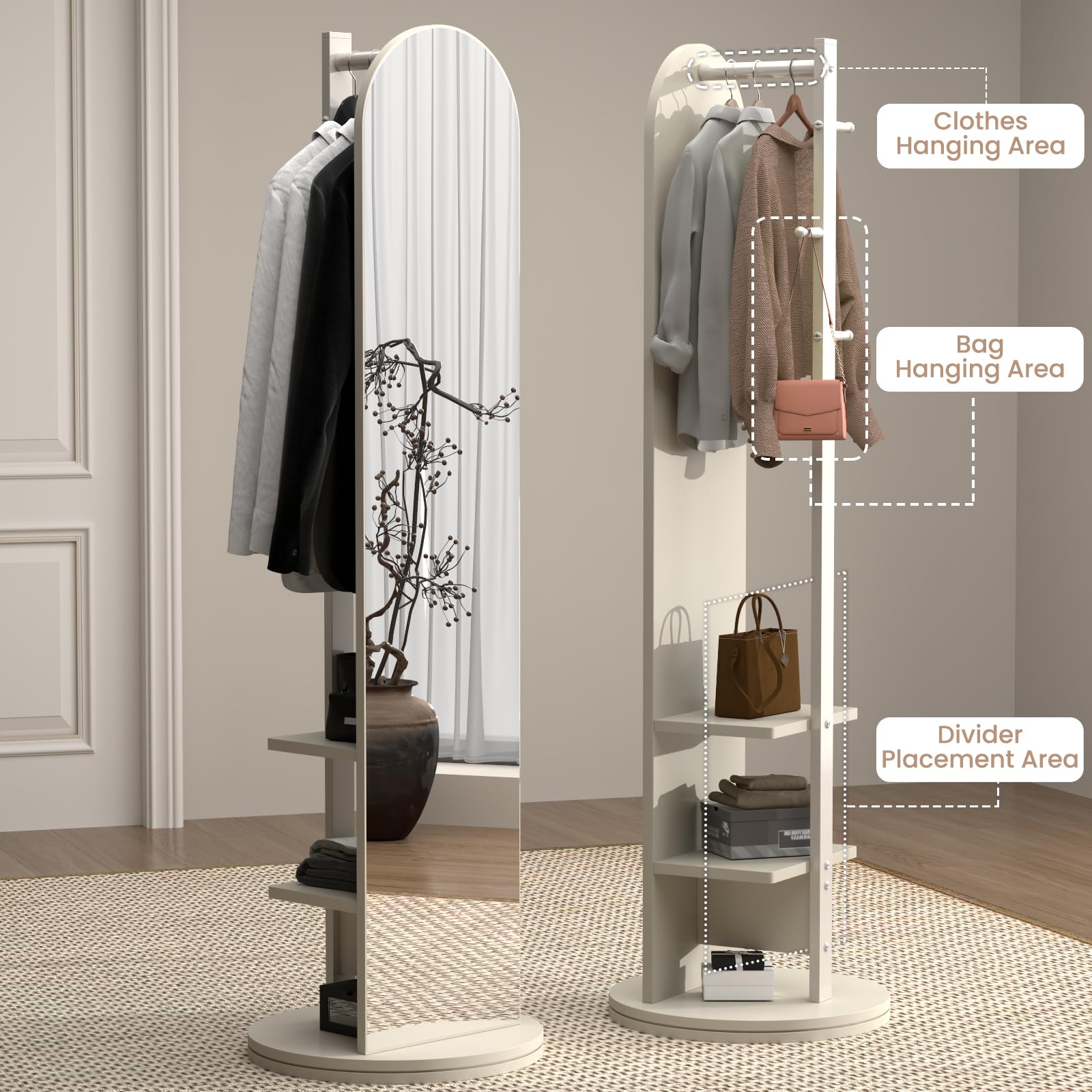 360° drehbarer Ganzkörperspiegel, 2-in-1 platzsparender Ganzkörperspiegel mit Garderobe, freistehender Bodenspiegel mit Ablagen und Haken, für Eingangsbereich, Schlafzimmer, Weiß