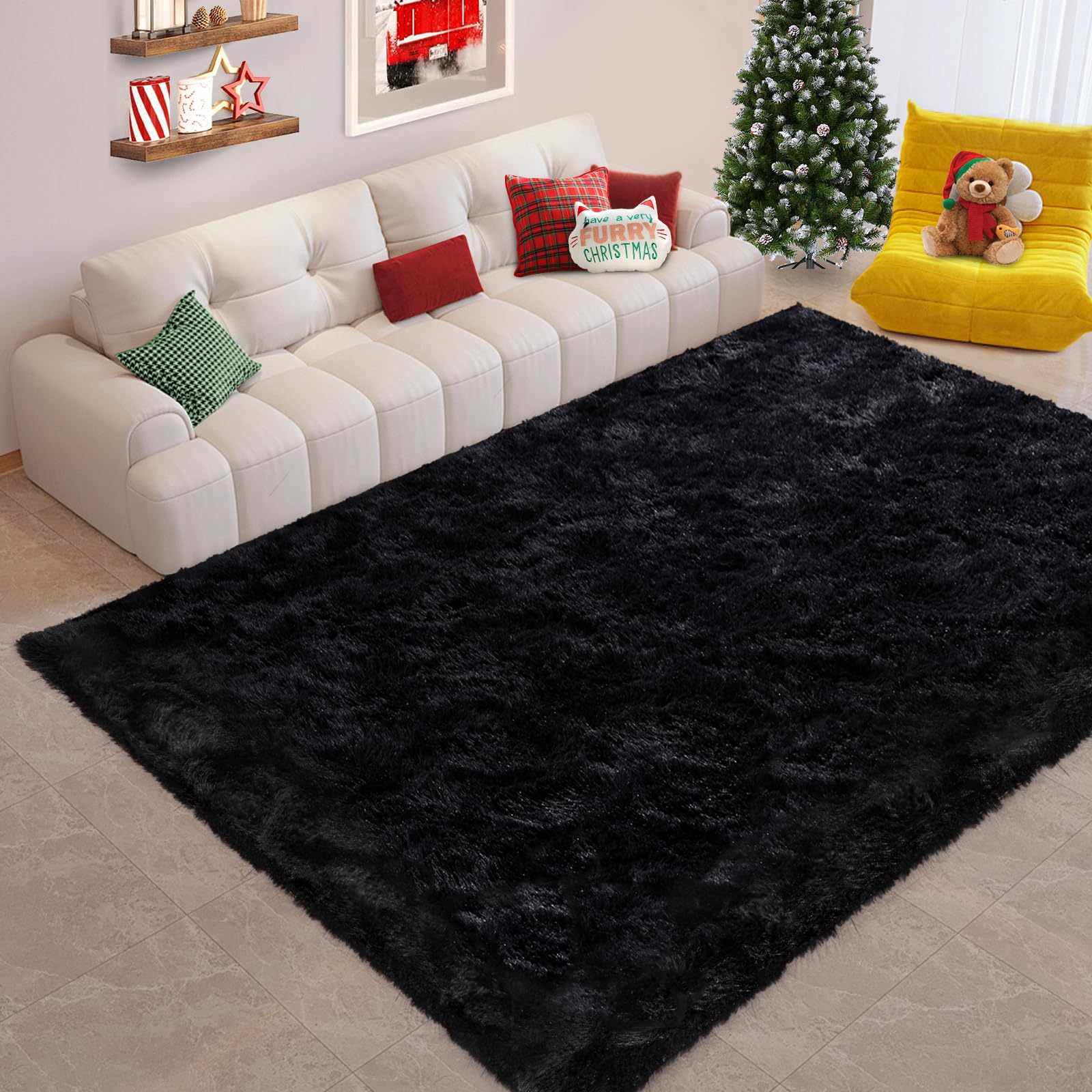 FinRèc Soft Black Area Rugs for Bedroom Living Room, 4x6 Feet Modern Indoor Fluffy Shaggy Rug, Non-Slip Fuzzy Furry Rug for Nursery Kids Room Dorm Room Home Decor, High Pile Plush Floor Carpet