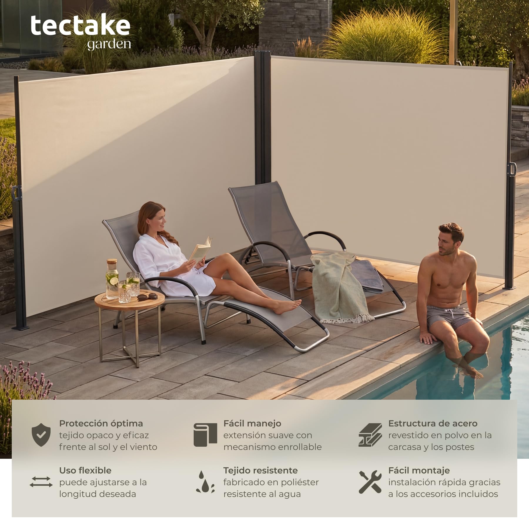 tectake® Toldo Retractil Exterior Doble 200x600 cm, Toldos Exterior Terraza, Separador de Ambientes, Paravientos, Toldo Lateral, Toldos Terraza, Parasol Lateral Jardin - Beige