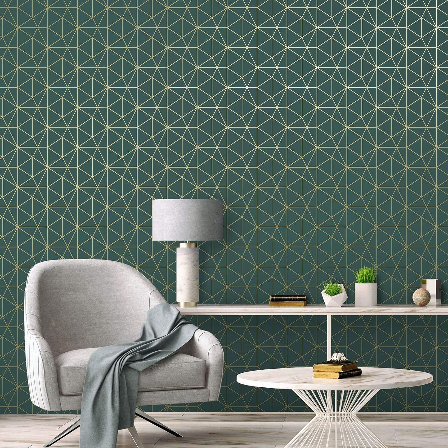 Metro Prism Geometric Metallic Modern Contemporary Triangle Wallpaper - Emerald Green and Gold - World of Wallpaper WOW037