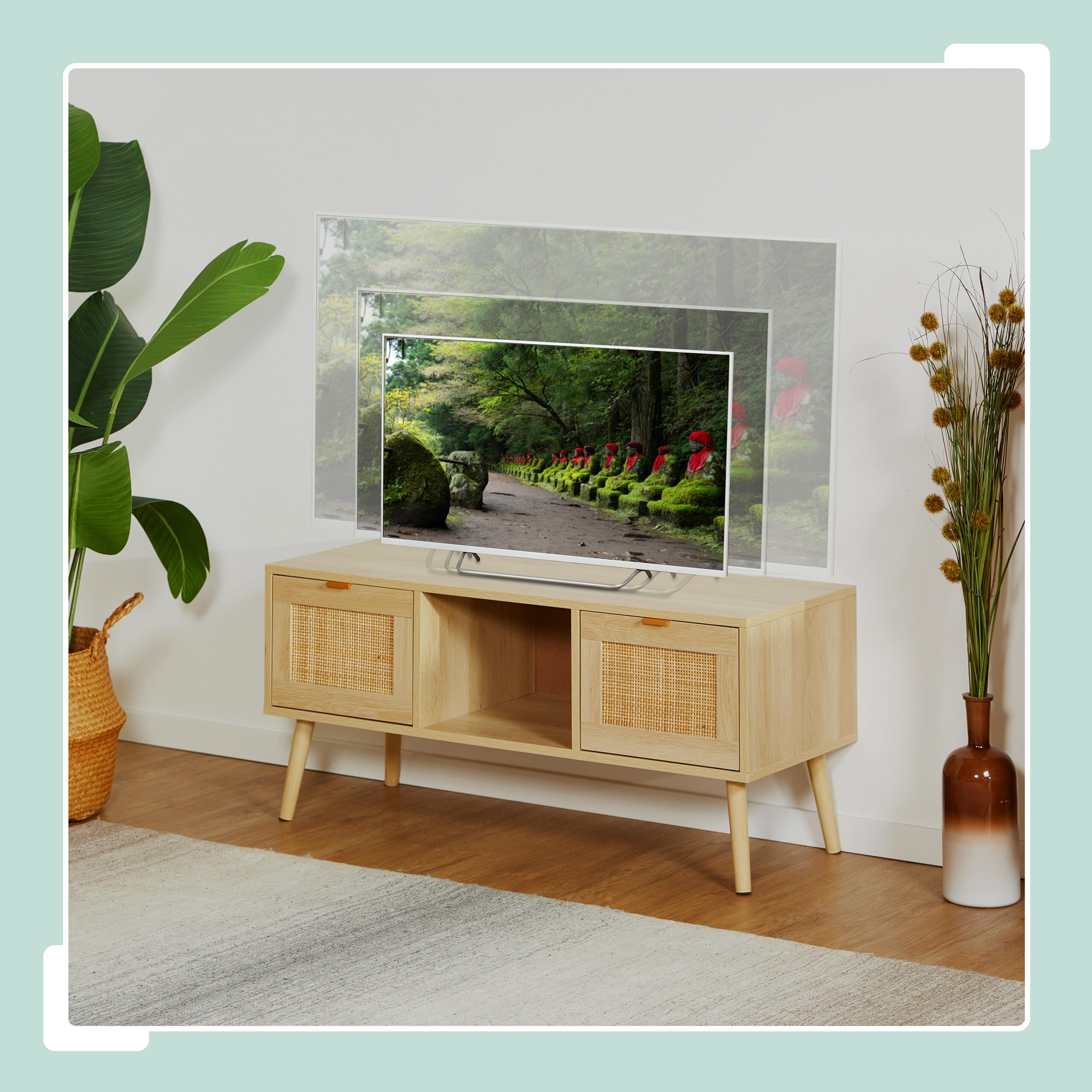 Relaxdays Mueble TV, Efecto Ratán, Mesa para Televisor hasta 43", Lowboard, 45,5 x 100 x 40 cm, Cómoda Tele, Natural