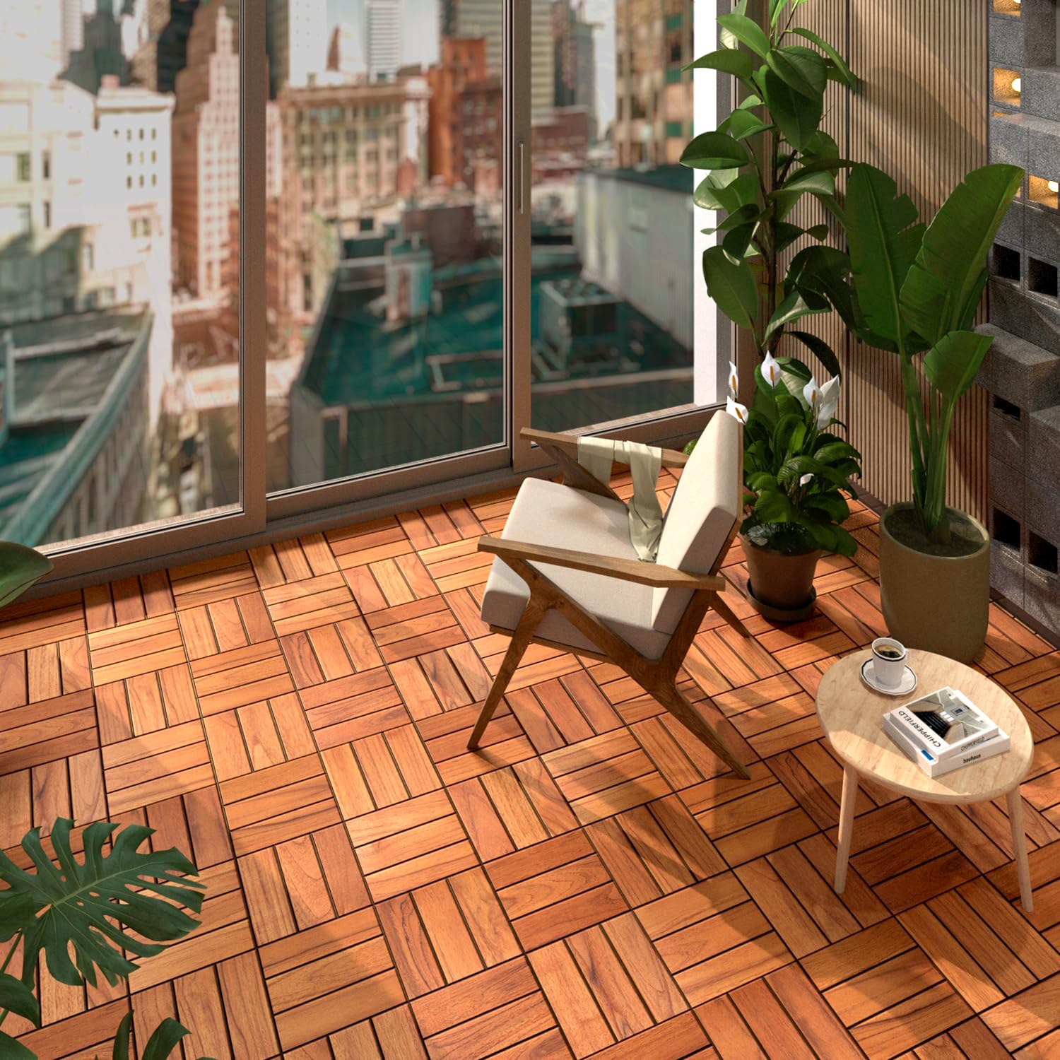 Azulejos de madera dura entrelazados (12 láminas, natural) (madera de teca, 9 unidades, 12 láminas)