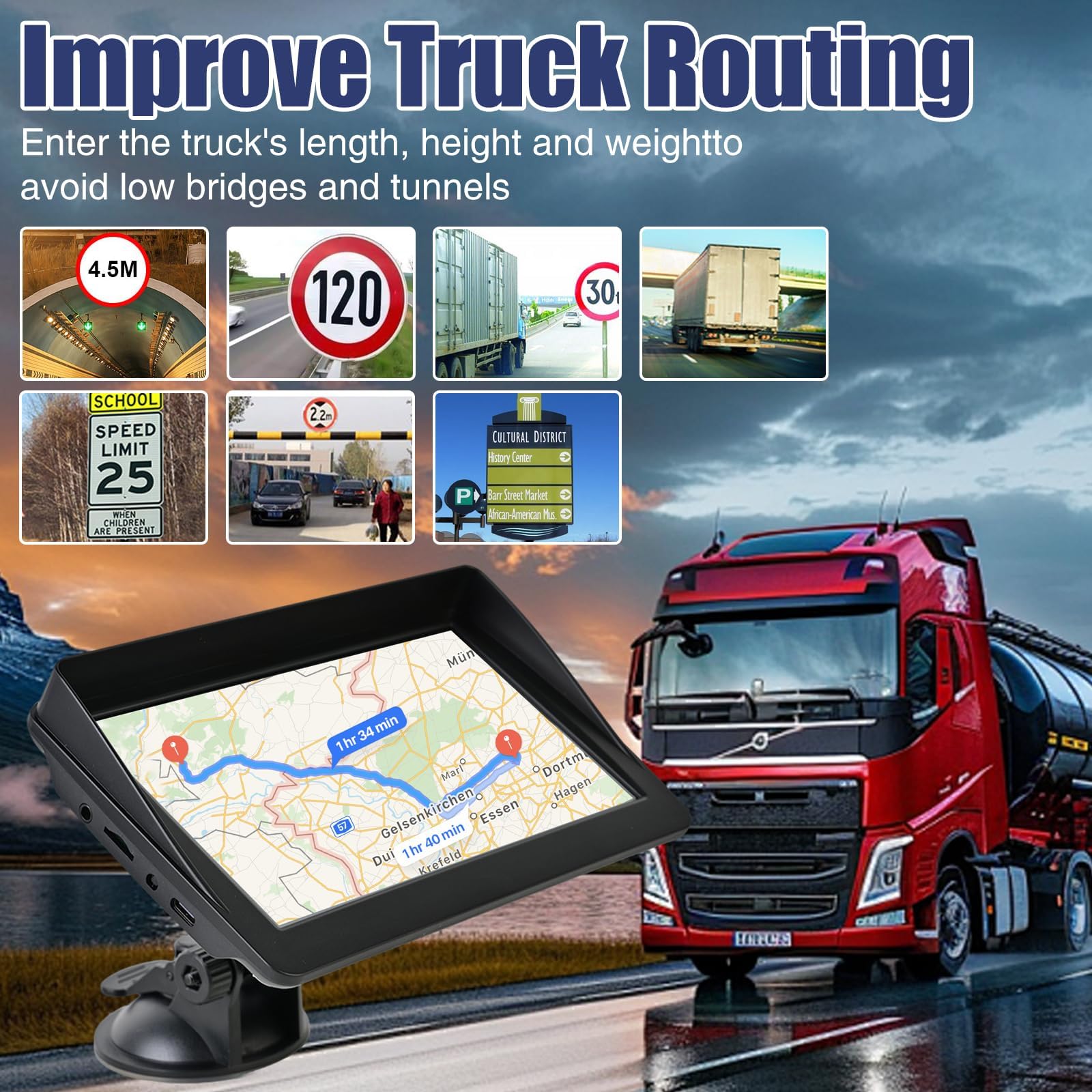 7Inch Sat Nav for Cars & Trucks HD touch screen with UK & Europe maps, HGV routes, lifetime updates, postcode search, speed camera alerts, voice guidance, and POI support for safer, easier navigation — view 4