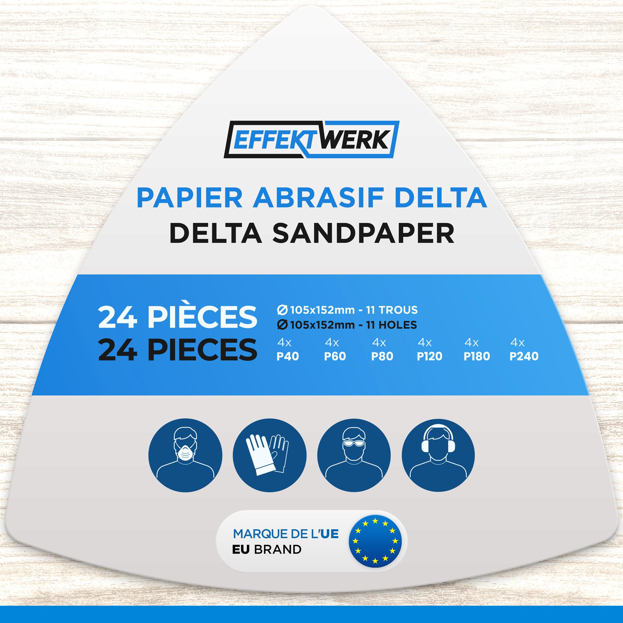Carta Abrasiva Delta - Confezione da 24, 11 Fori - Tamponi Abrasivi Triangolari 105 x 152mm per Levigatrici Triangolari - Varie Grane (40, 60, 80, 120, 180, 240)