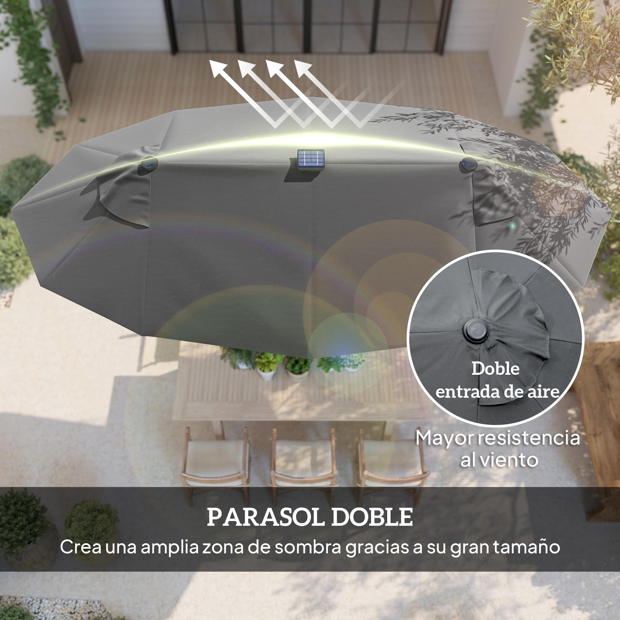 Outsunny Sombrilla Doble con Luces LED Solares Techo 295x150x219 cm Gris | Sombrilla de Jardín, Inclinación Ajustable, Manivela Manual, para Patio Piscina Playa