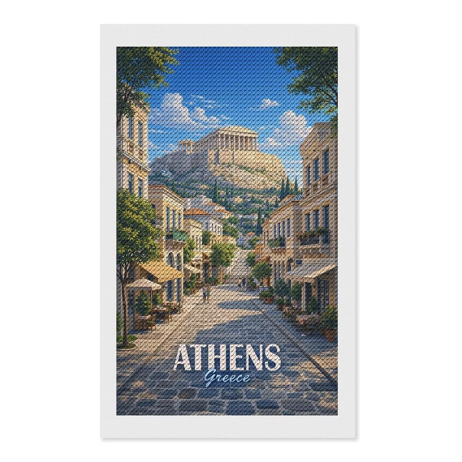 Junmoney Athens Greece Acropolis Street View Diamond Art Kit 12"x20", Modern Decor, for Adults, Printed Canvas, Holiday Gift Idea, Fun Craft Experience