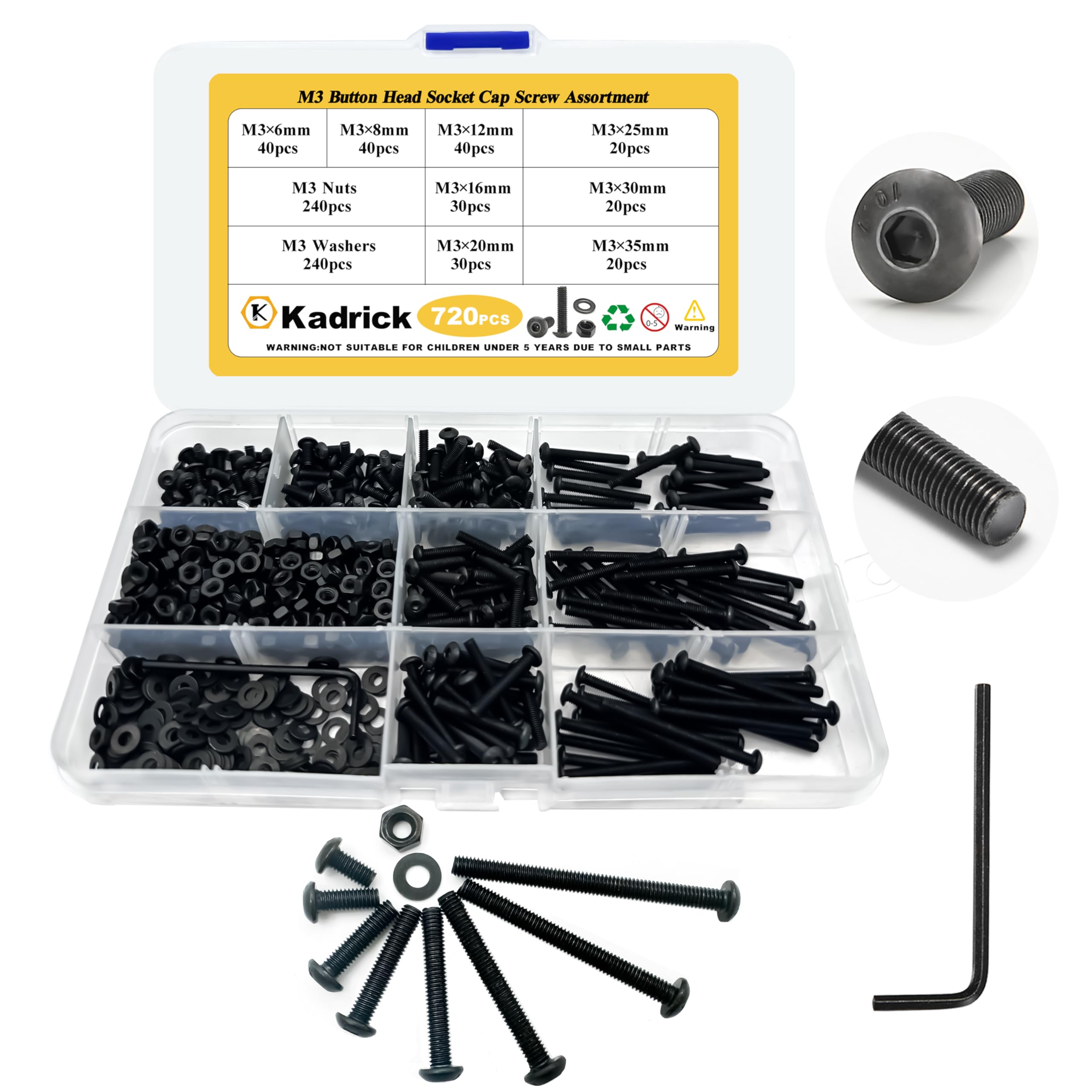 Kadrick 720 Pcs M3 Screws Nuts Washers Assortment M3x6MM-35MM, Hex Socket Button Head Metric M3 Machine Bolts Kit, 10.9 Grade Alloy Steel,Black Screws