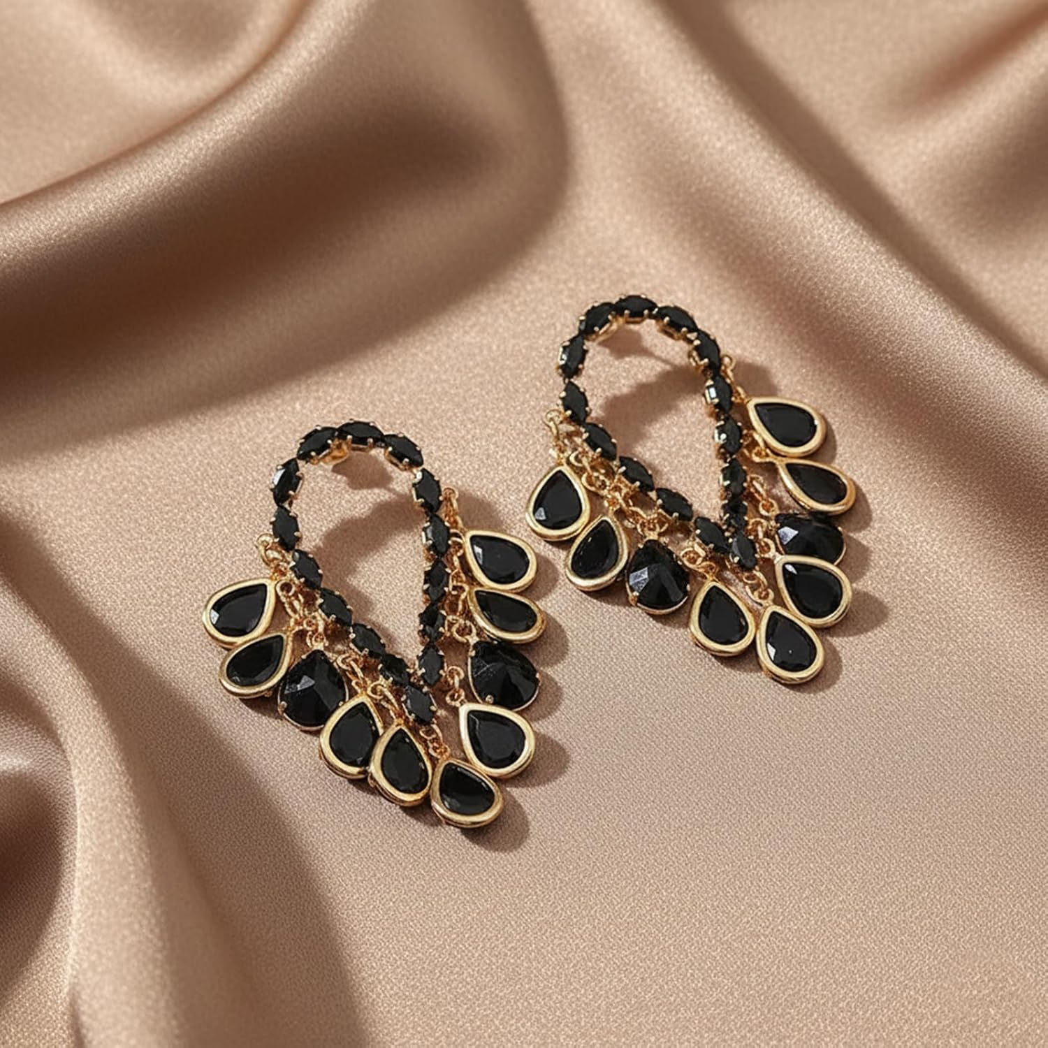 Black Earrings for Women Dangling Black and Gold Chandelier Statement Teardrop Rhinestone Earrings for Prom Wedding Party - Image 4