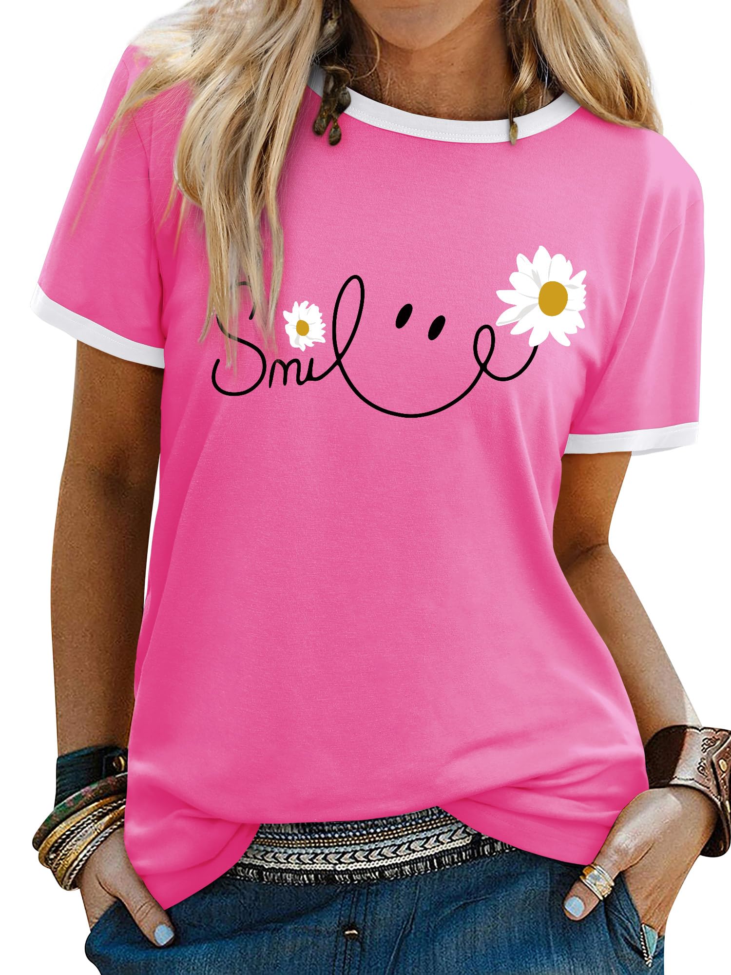 Yihelian Tshirts Frauen Rundhals Top Damen Daisy Print Kurzarm Tee Shirt Sommer Lächeln Brief Gedruckt Shirts