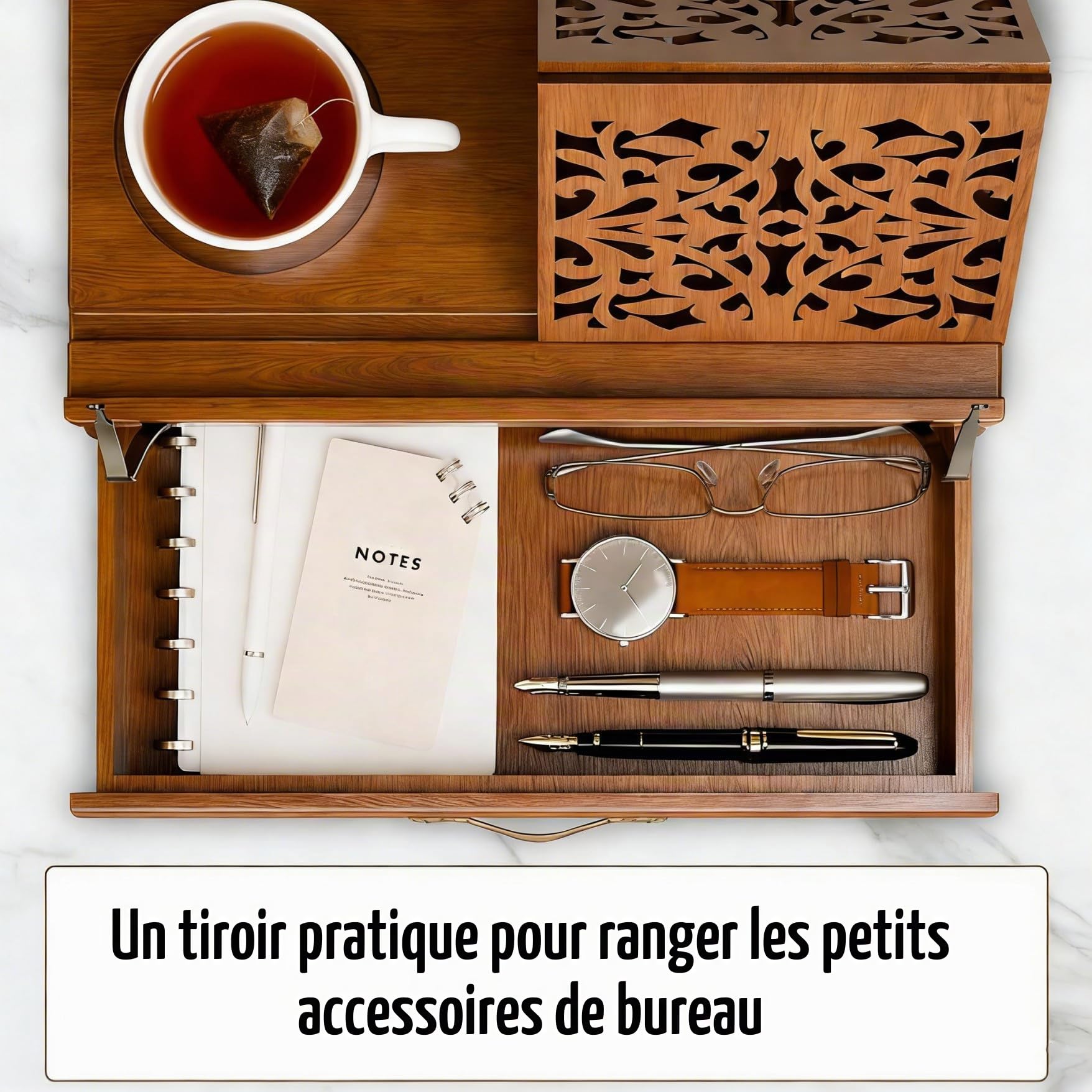 Support de Lecture en Bois avec Tiroir, Porte-stylo et Porte-tasse, Support de Livre Triangulaire pour Bureau et Table de Chevet