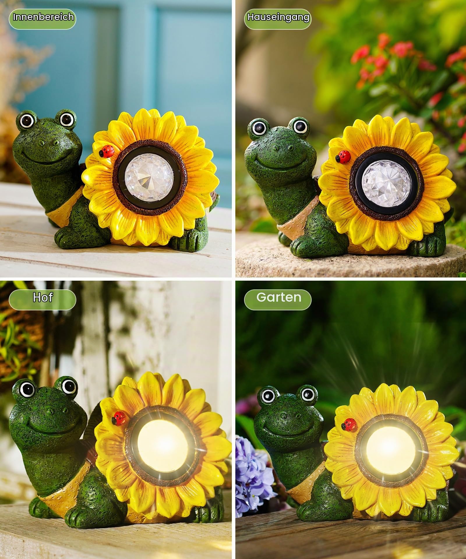 Yeomoo Solar Schildkröte Deko Figur mit Sonnenblume & Käfer Gartendeko Grün