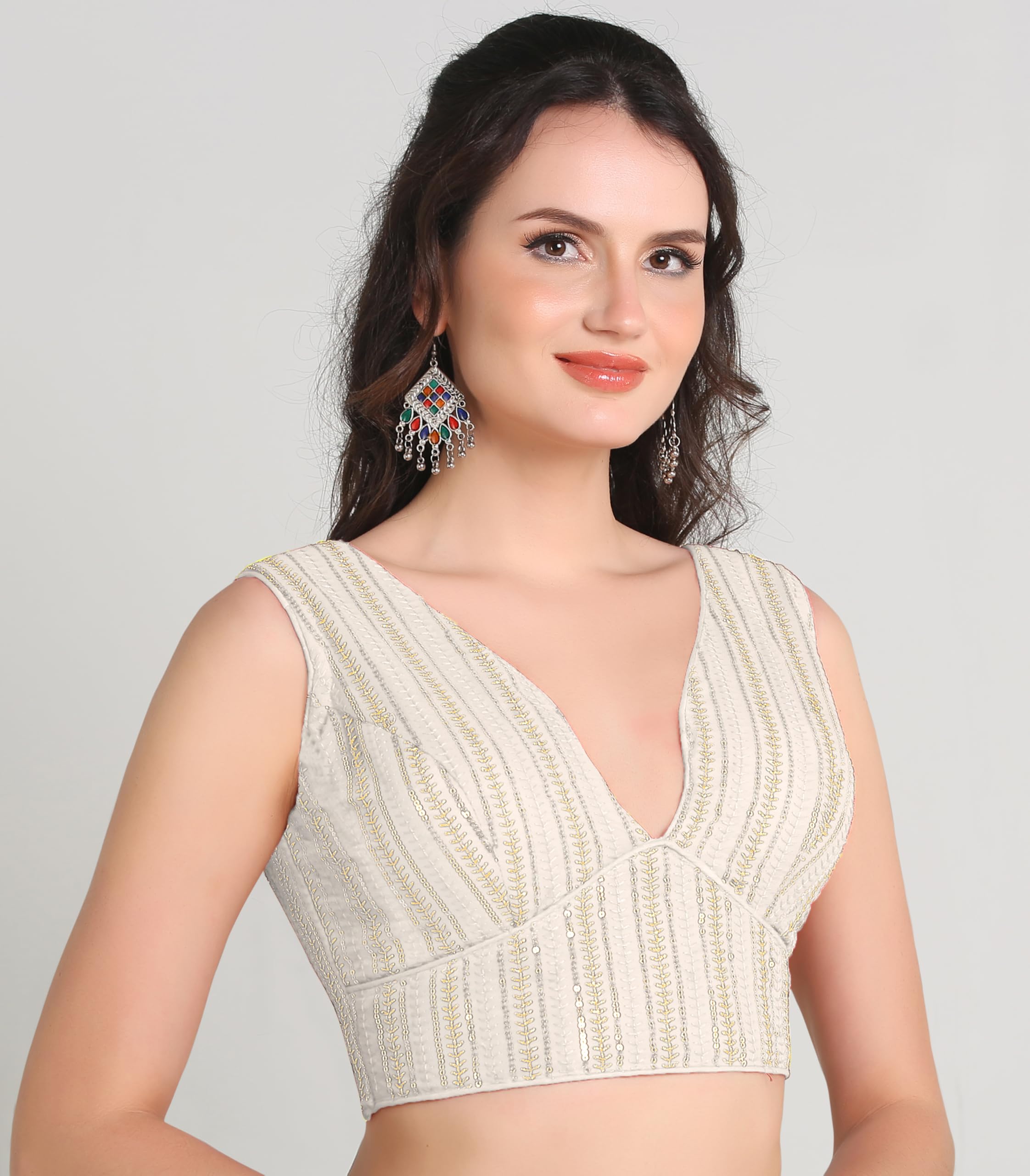 Pujia Mills Women's Indian Ethnic Wear Sabyasachi Sequence With Dhaga Embroidered Zari Work Sweetheart Neck Blouse Sleeveless Readymade Padded Saree Back Open String Pattern Blouse