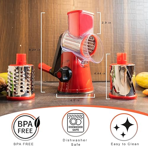 Miniatura 7 de Rallador rotativo de queso con mango - Trituradora de queso 3 en 1 - Rallador giratorio de acero inoxidable - Rebanador de verduras de mandolina -