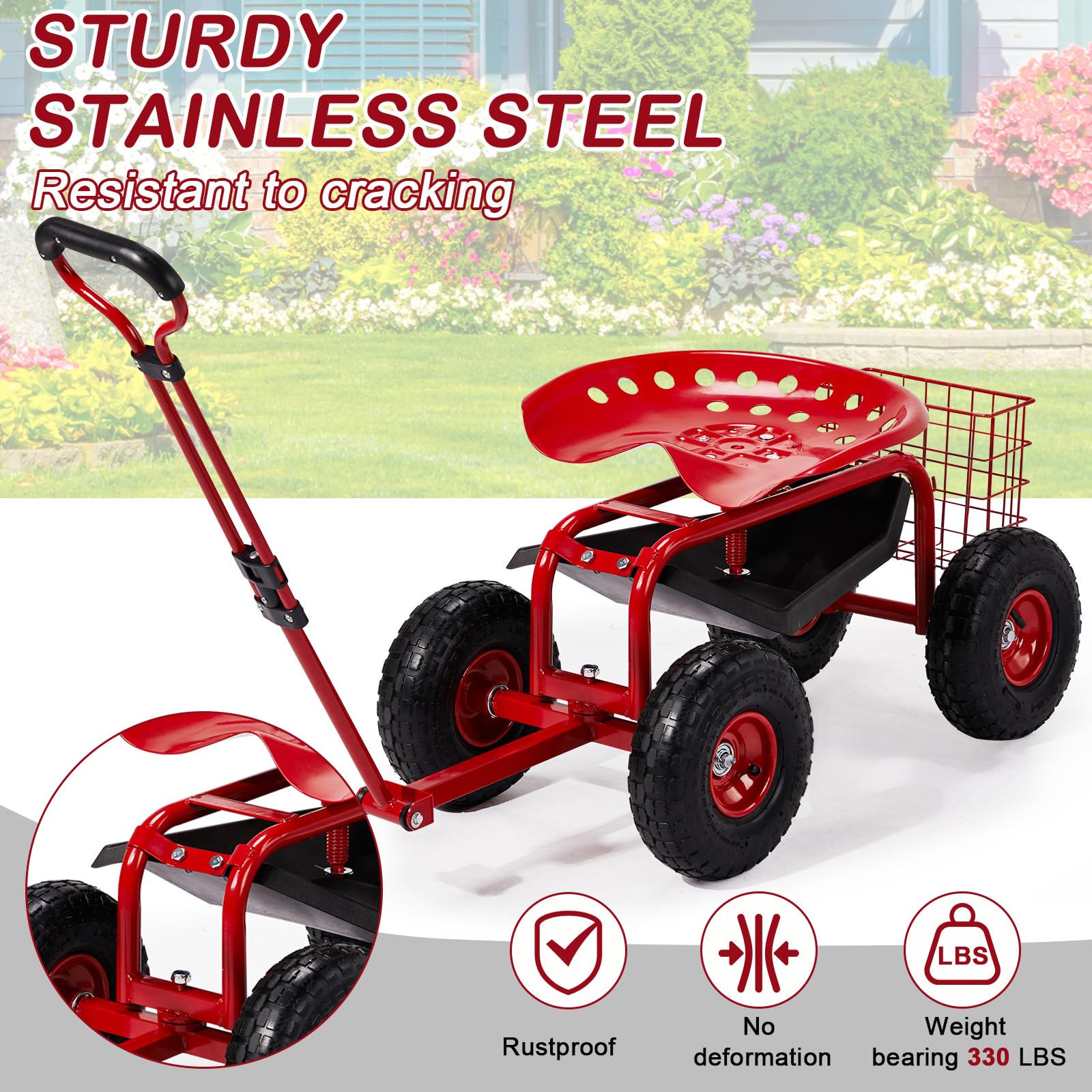 Rolling ogrodowy fotel roboczy z kółkami, do sadzenia, skuter ogrodowy z kółkami, hulajnoga ogrodowa z obrotowym siedziskiem o 360 stopni i wysuwanym uchwytem, stołek ogrodowy, do użytku na zewnątrz