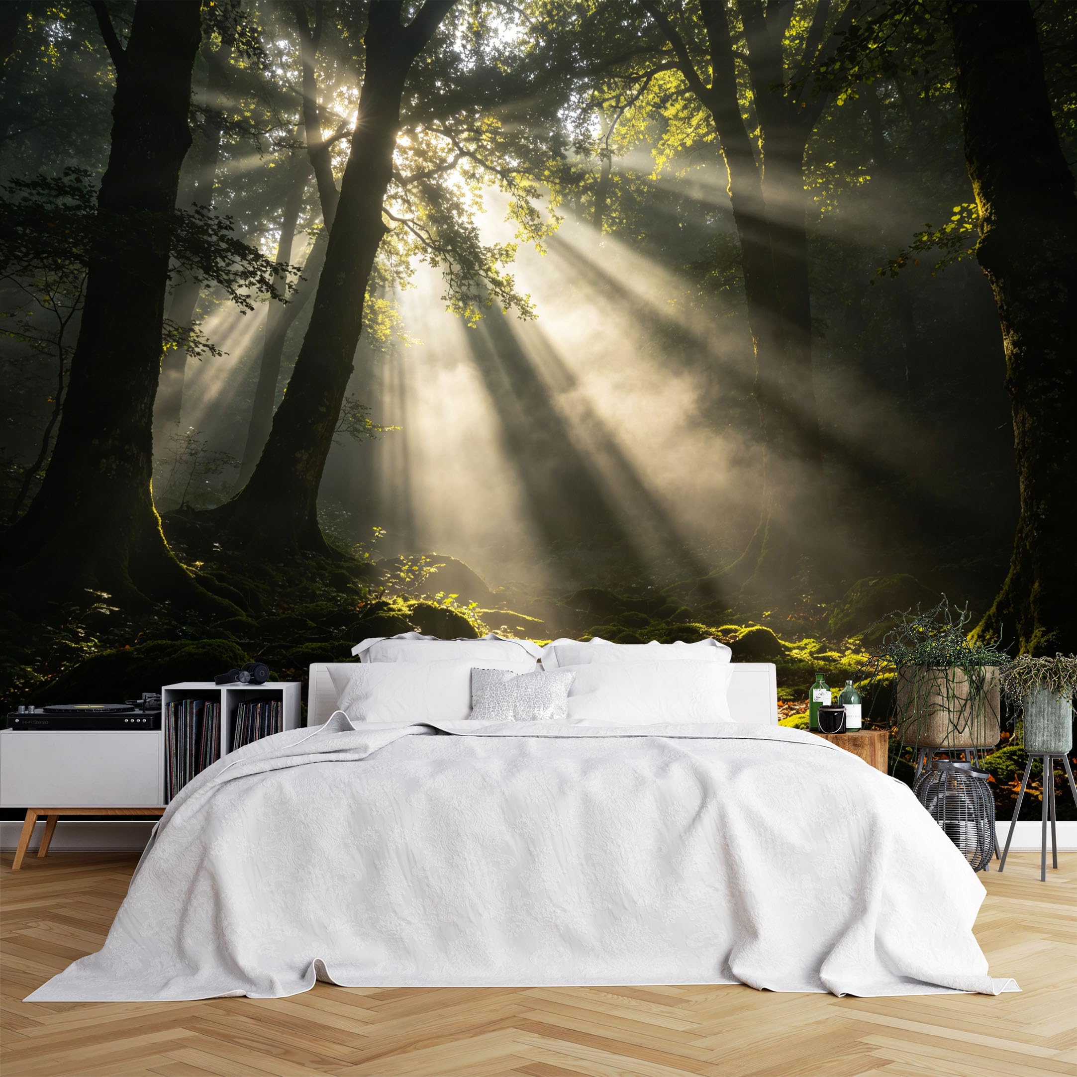 Custom Size Wall Murals Misty Forest with Sunlight Beams Wallpaper, Realistic Self-Adhesive Removable Wallpaper for Living Room, Bedroom