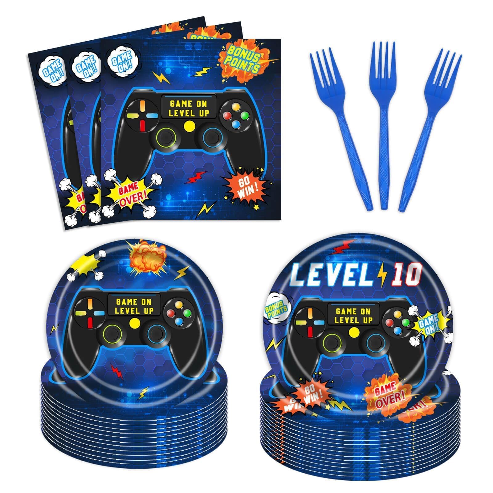 96Pcs Video Game 10th Birthday Plates and Napkins Party Supplies, Boy Official Teenager Birthday Tableware Set, Blue Gamer Boys 10th Birthday Party