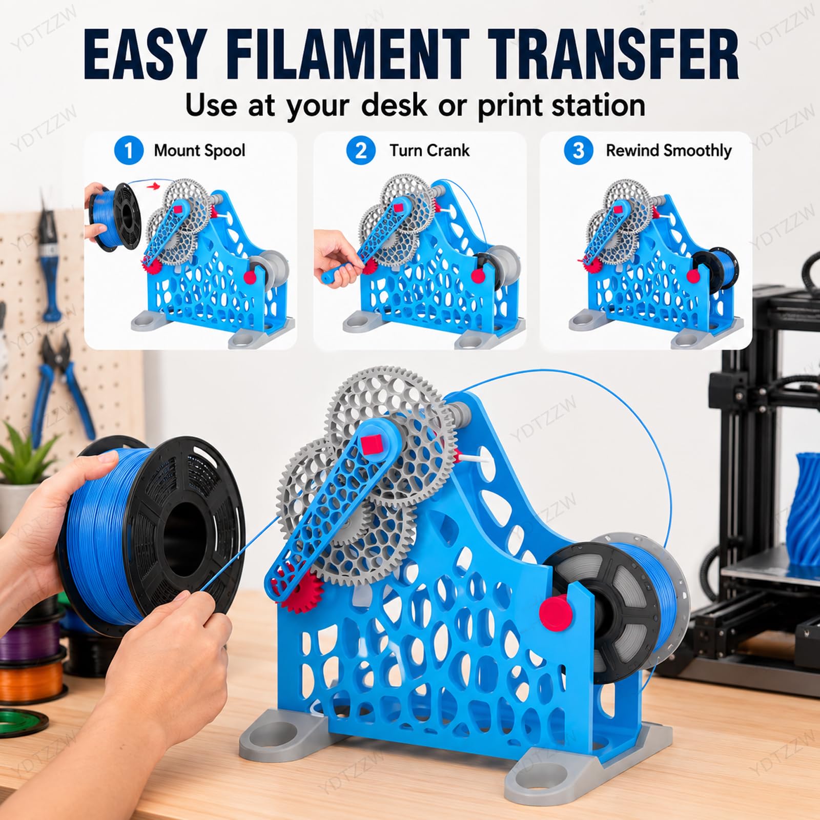 Wysuwany filament drukarski 3D, ręcznie karbowany filament 3D, bez skręcania, gładki obrót, zdejmowana konstrukcja modułowa, do ważenia 1 kg, dla entuzjastów drukowania 3D, artystów tekstylnych