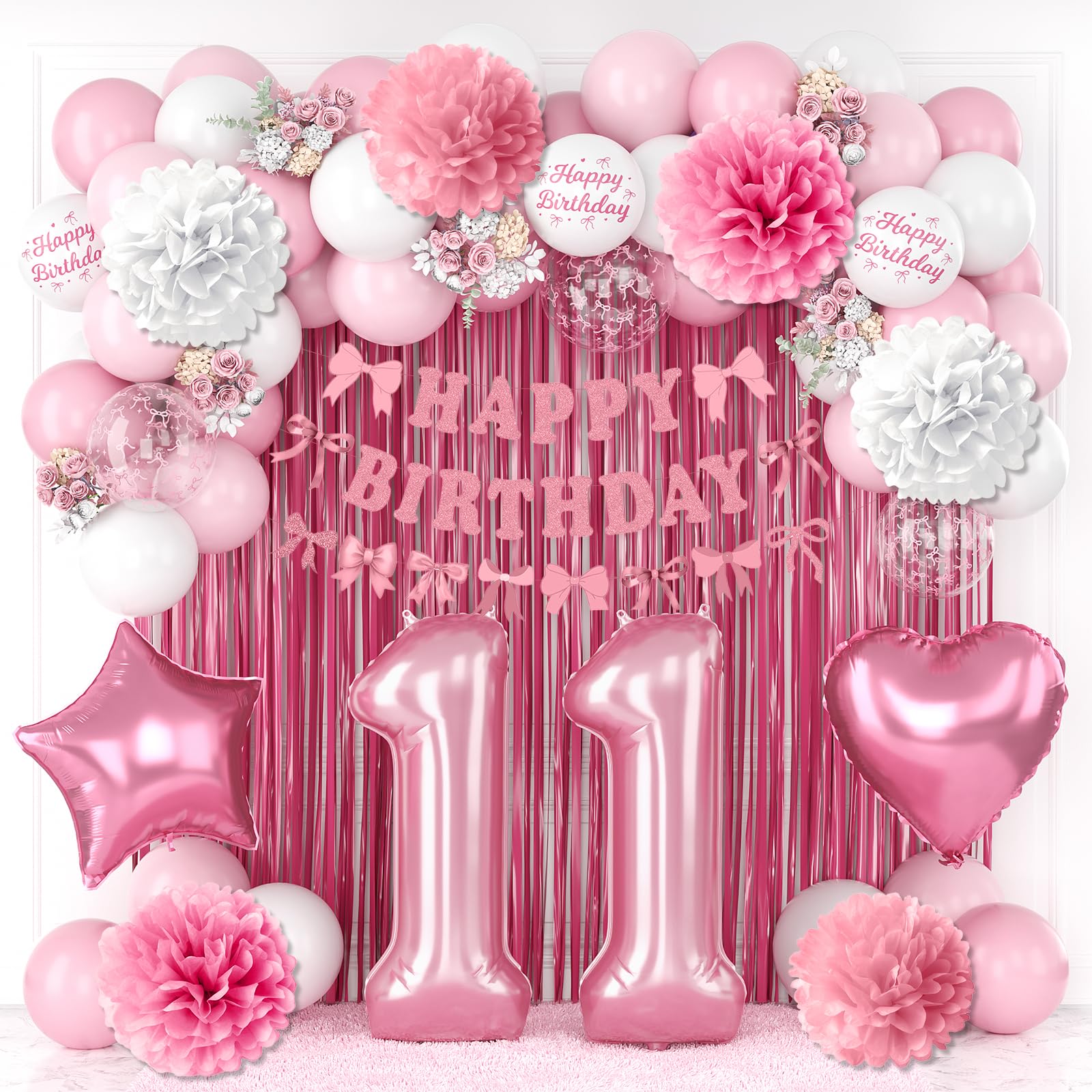 11th Birthday Decorations Girls Pink Number 11 Balloon Bow Coquette Party
