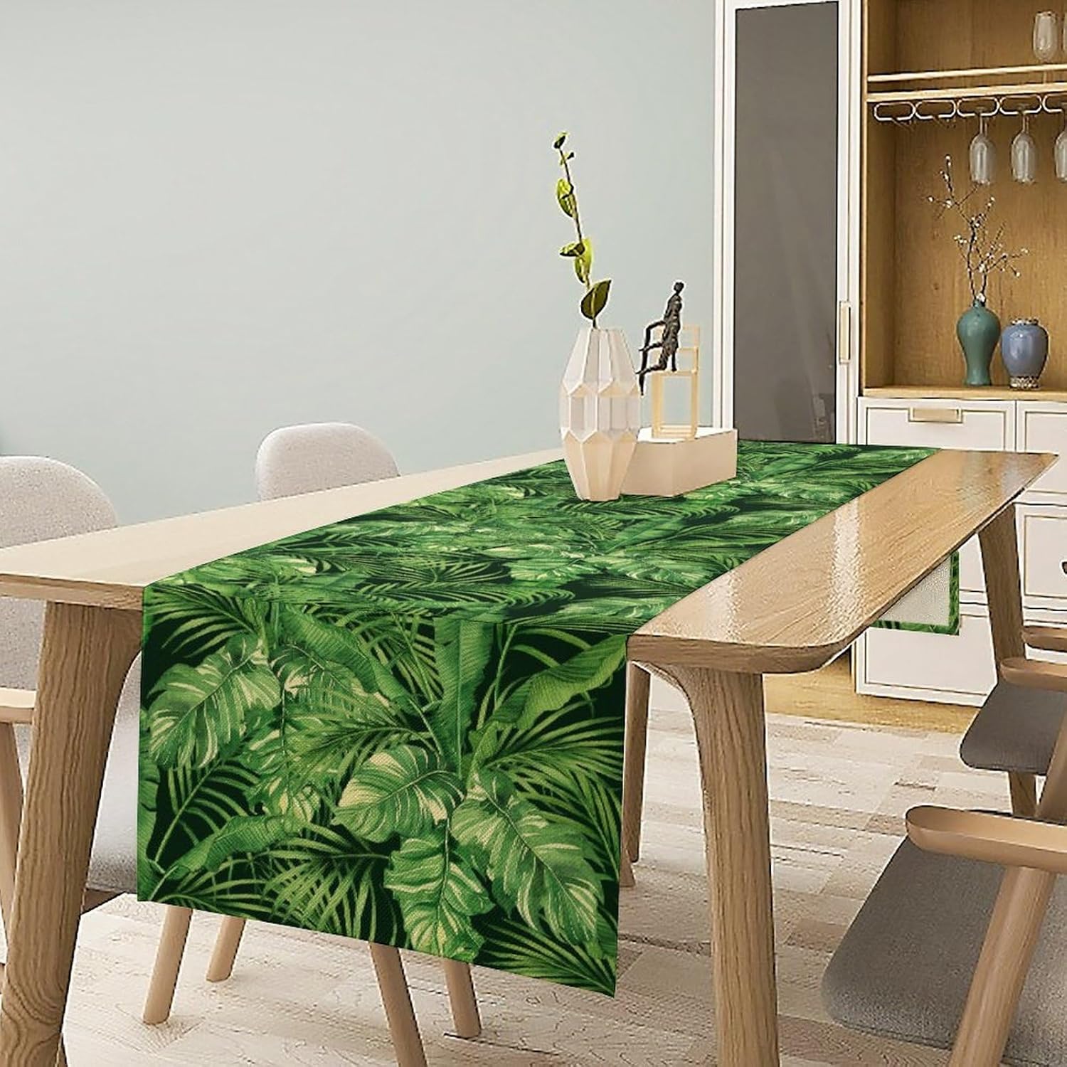 Leaf Decor Table Runner,Retro Green Palm Leaves Tropical Jungle Wild Plants Print Table Runner for Kitchen Dining Room Party Table Decor13x120in