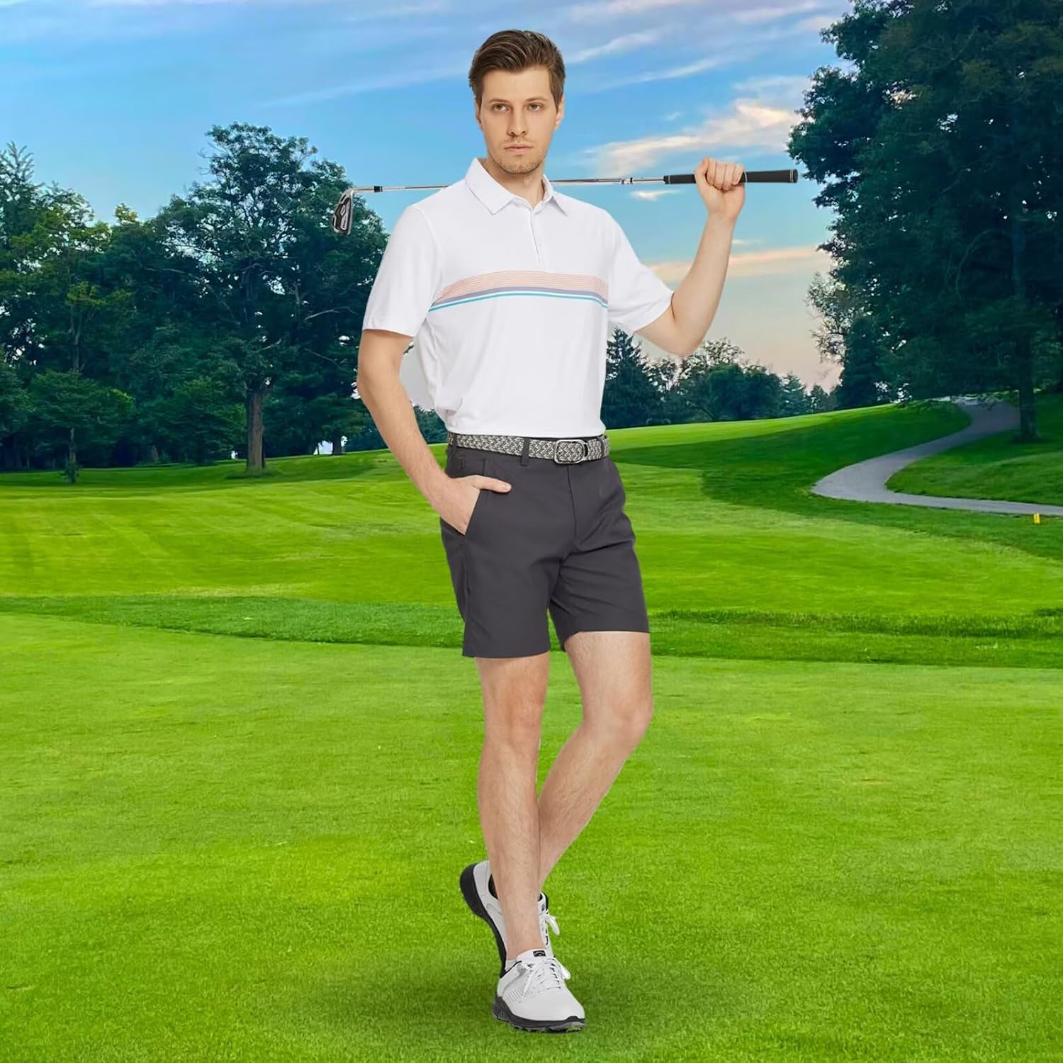 M MAELREG Golf Shirts for Men Short Sleeve Regular Fit Moisture Wicking Performance Casual Striped Print Mens Polo Shirts - Image 2