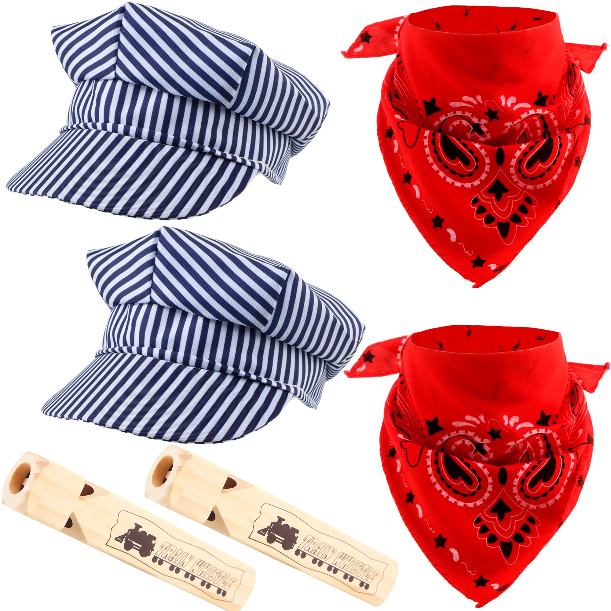 2 Set Kids Train Conductor Dress Up Kit Train Conductor Cap Wooden Whistle Paisley Bandanna for Halloween Party Career Day Pretend Party Cosplay