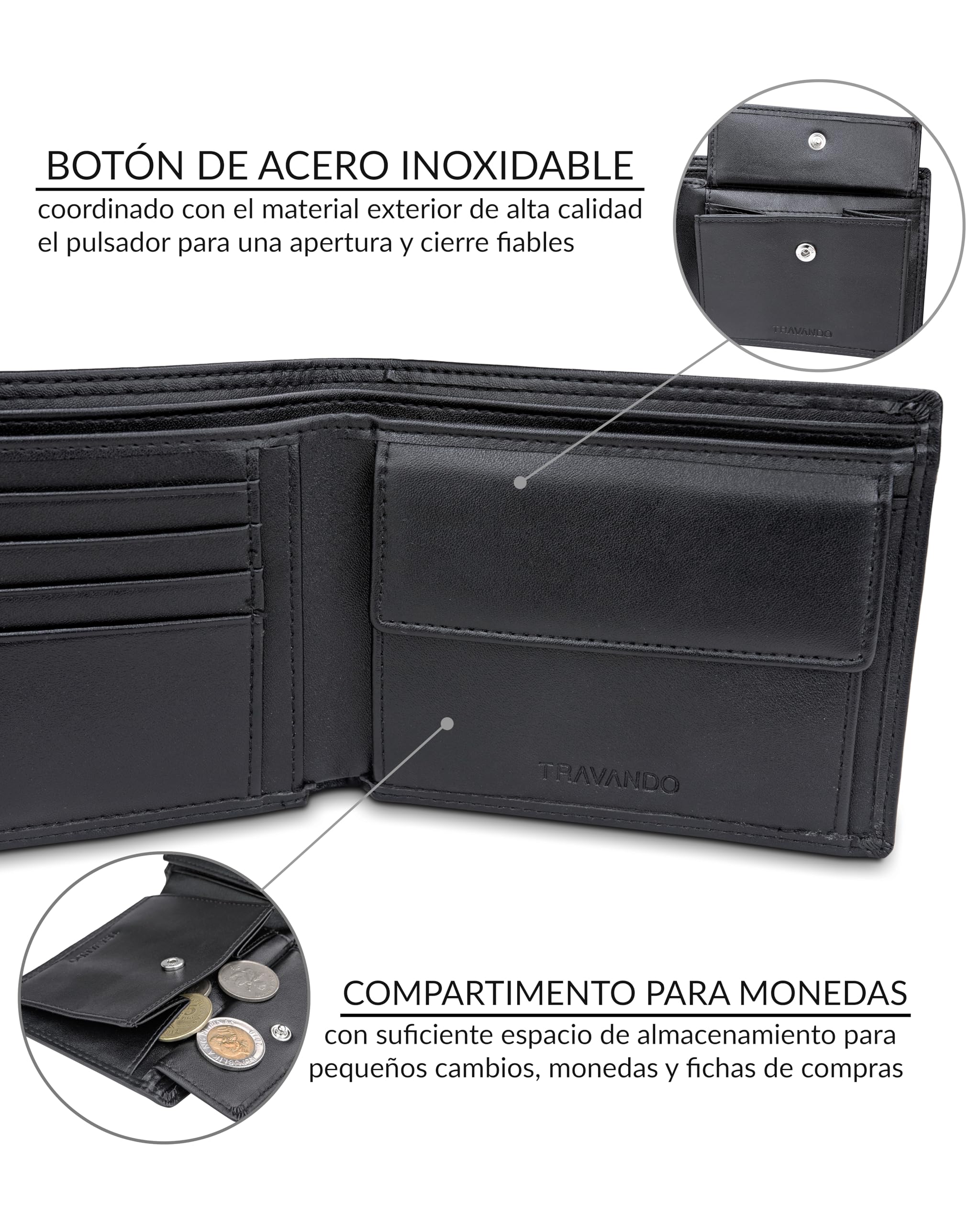 TRAVANDO Cartera Hombre Madrid con Bloqueador RFID, Billetera Negra, Tarjetero, Monedero Varón, Portamonedas, Regalo, Wallet, Vertical, Bolsillo Monedas Botón a presión Tarjetera, Ranuras