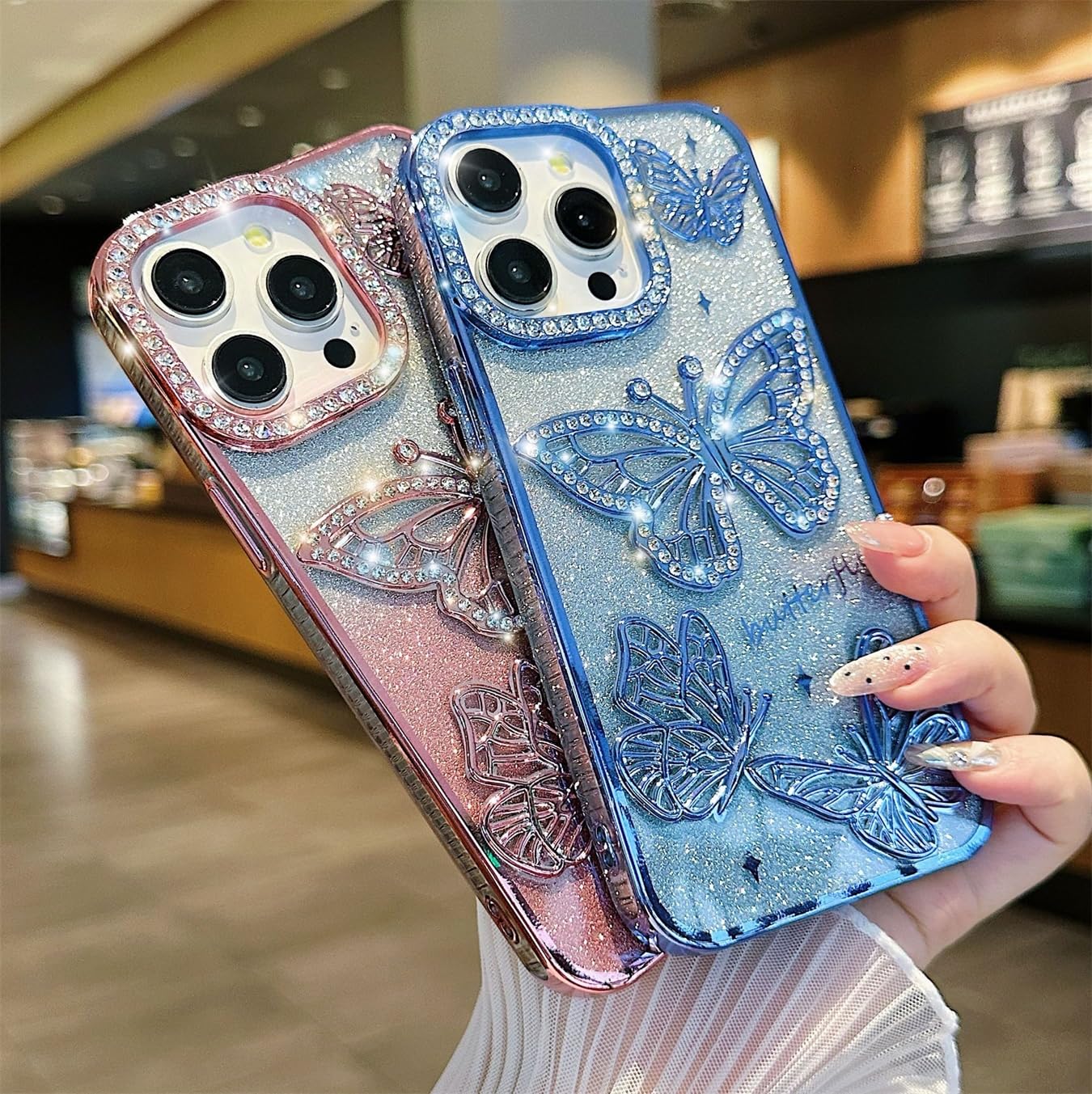 Niedliche Schmetterling-Handyhülle Für IPhone 16 Plus – 3D Glitzer, Diamant-Besatz, Stoßfest In Roségold