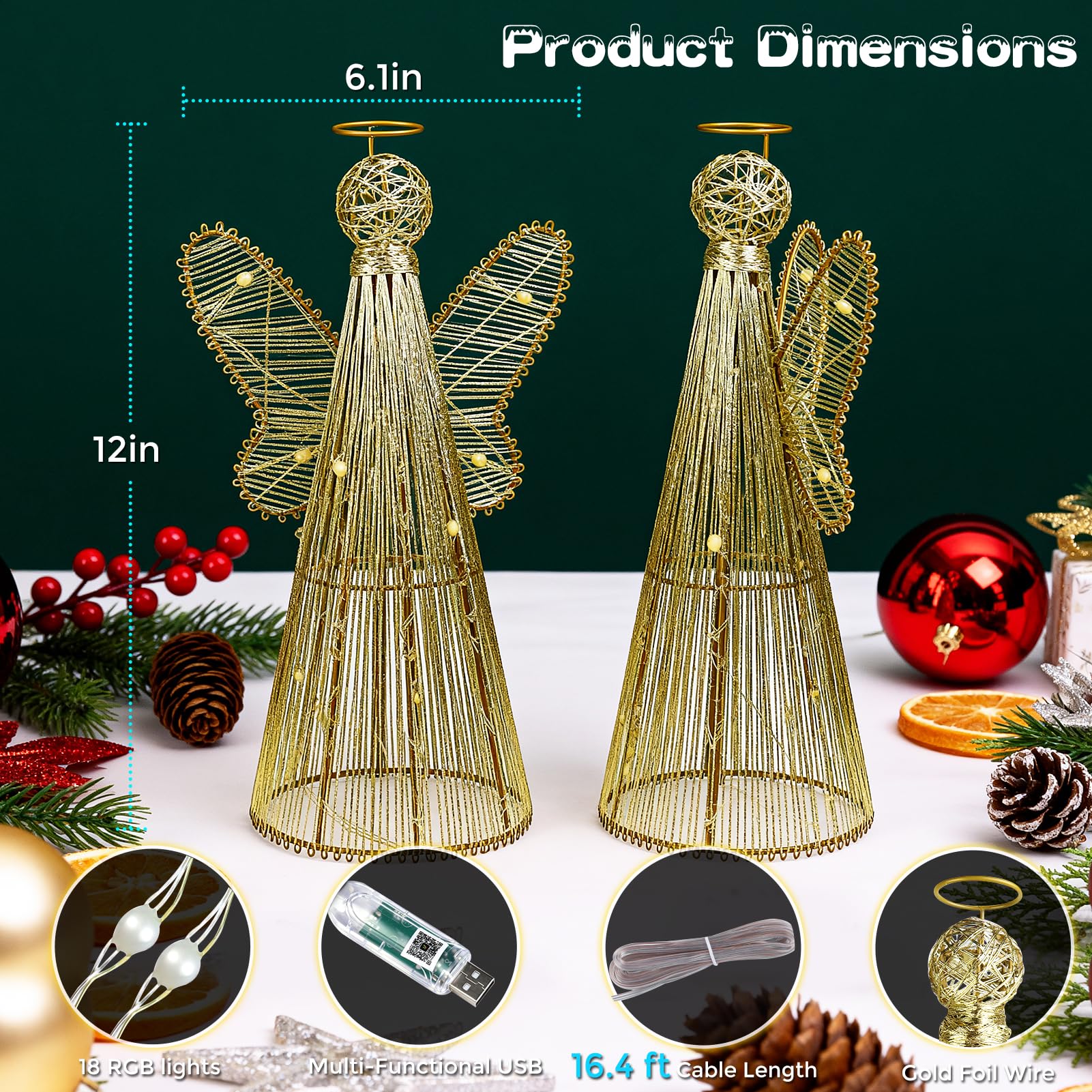 LED Engel Baumspitze mit goldenem Drahtrahmen Design, Farbwechselnde Lichter, ideal für Weihnachtsbaumschmuck