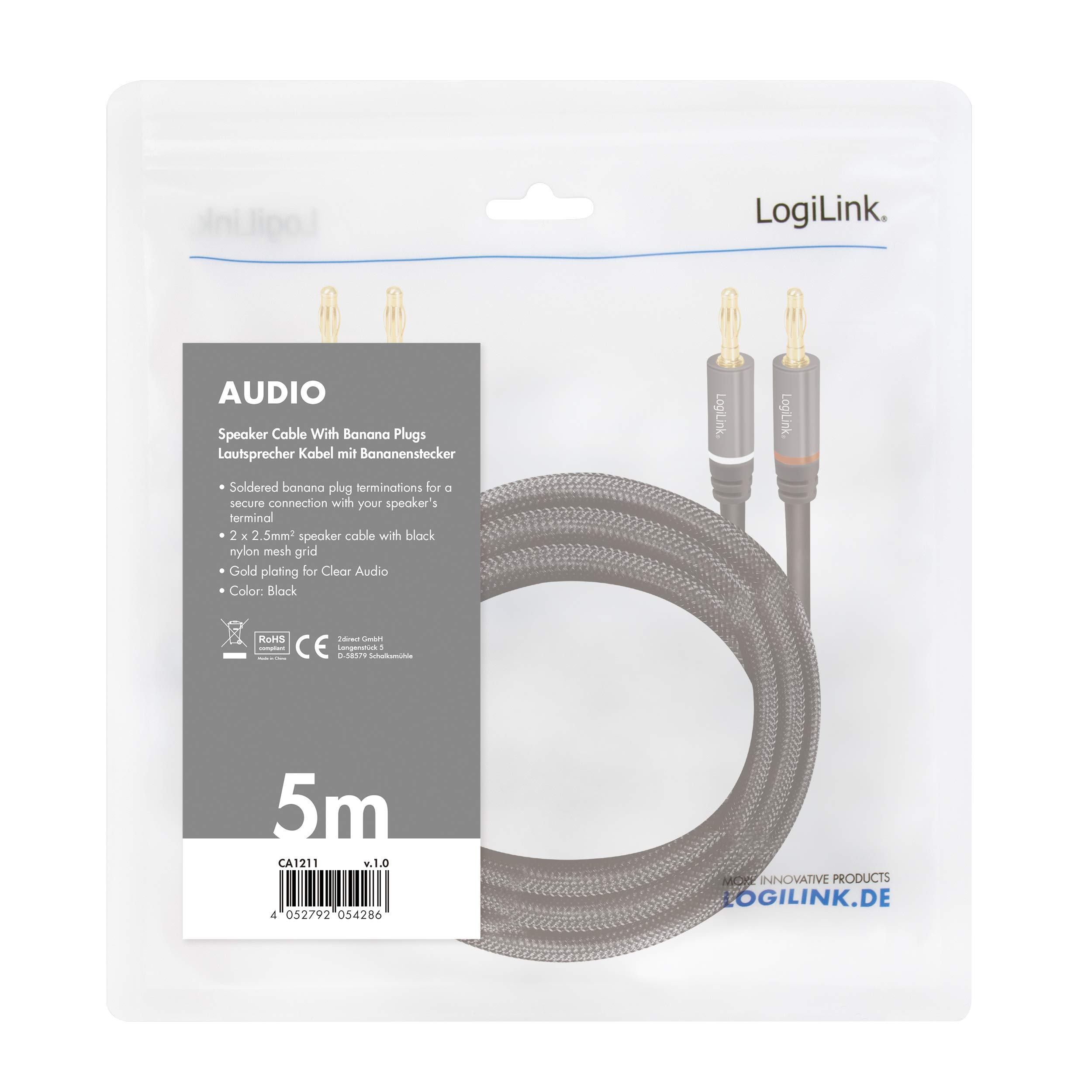 LogiLink - 2 connettori a banana con contatti dorati 5m Nero