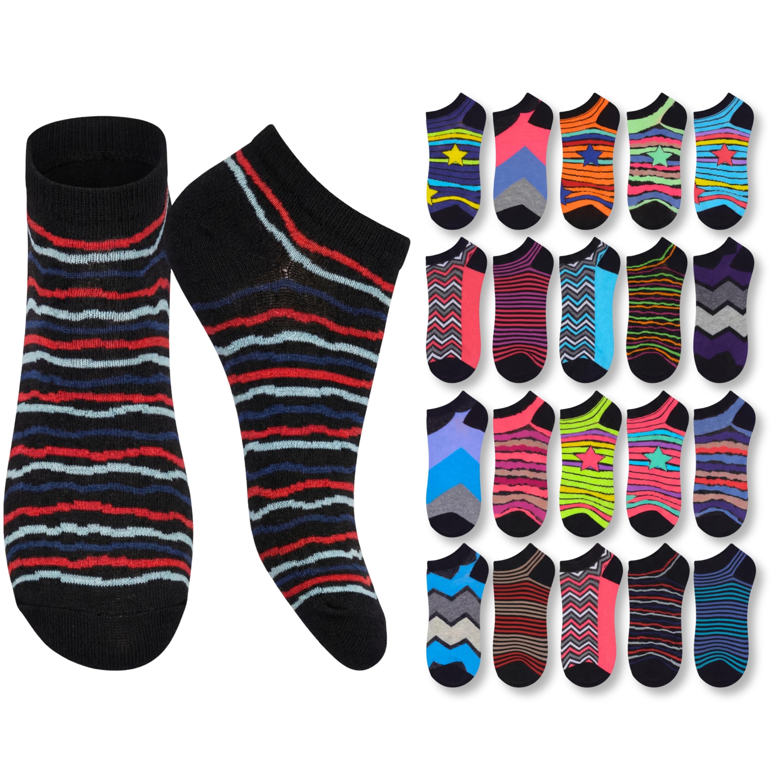 Tipi Toe Women’s 20 Pack Colorful Low Cut Socks – Lightweight, Breathable Design for All-Day Comfort Sizes 9-11/10-13