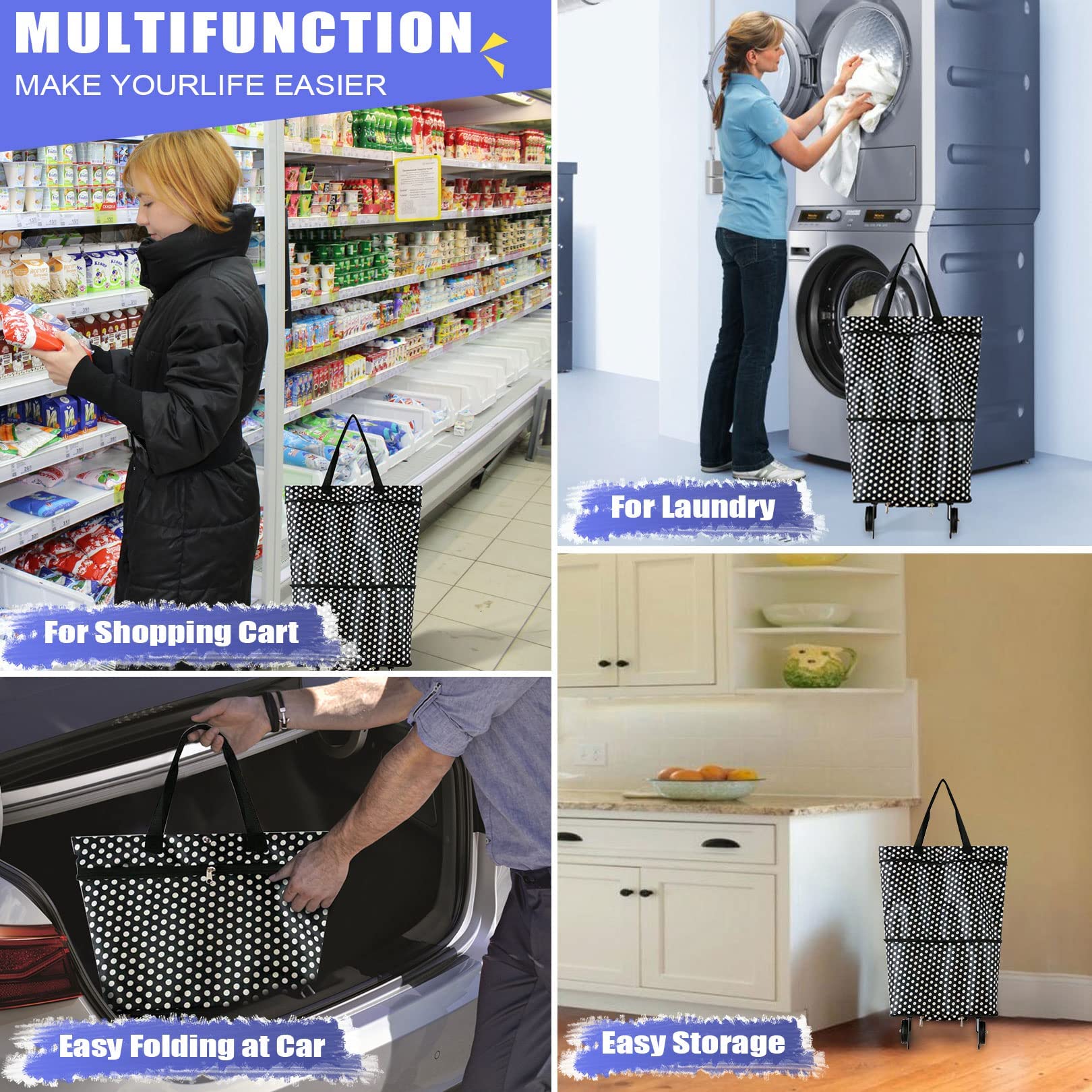 Collapsible Trolley Bags, Folding Shopping Bag with Wheels,Reusable