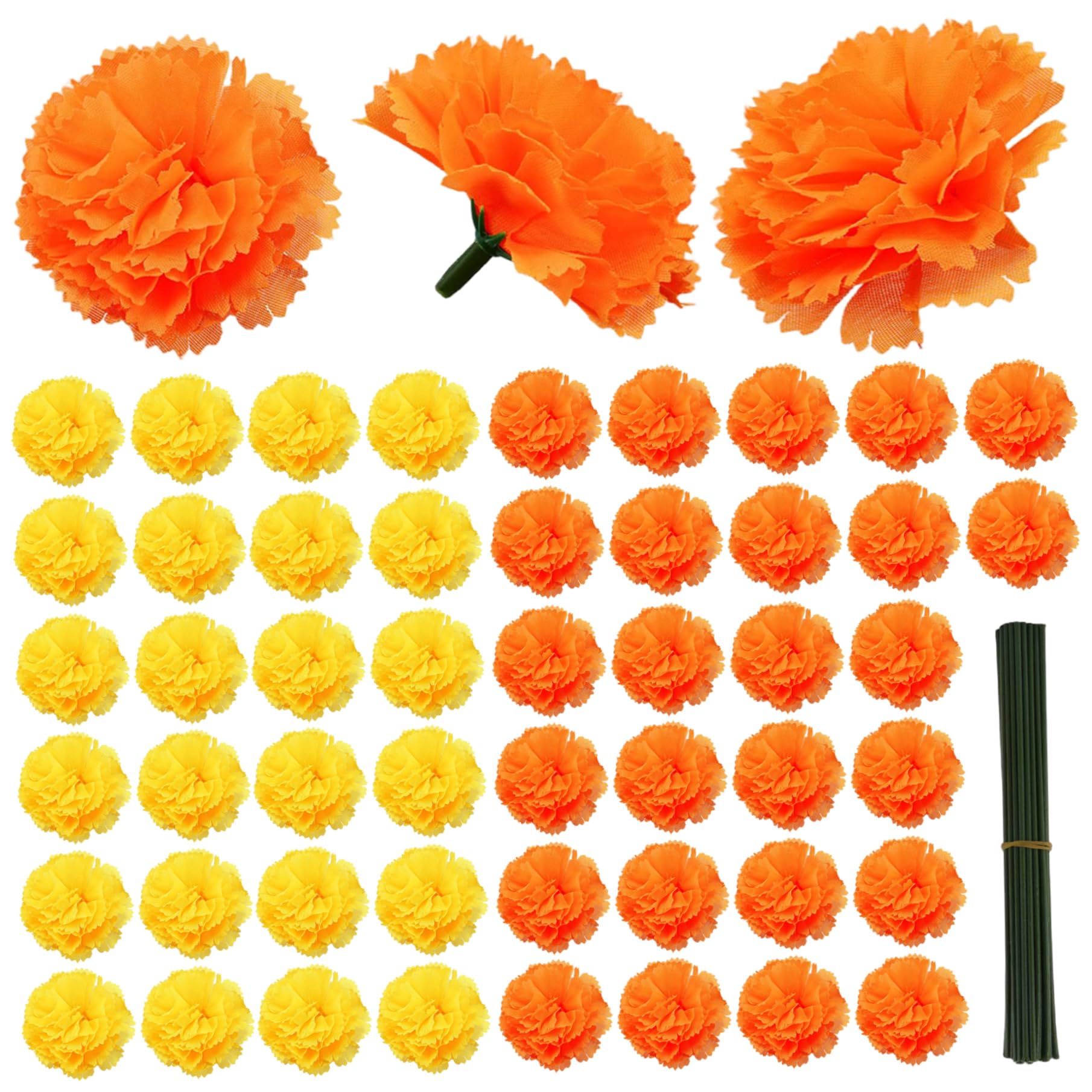 Ameble 100Pcs Artificial Marigold Flowers 2.2" Marigold Flowers with Stems for Diwali Home Decor DIY Dead Decorations yellow orange Halloween