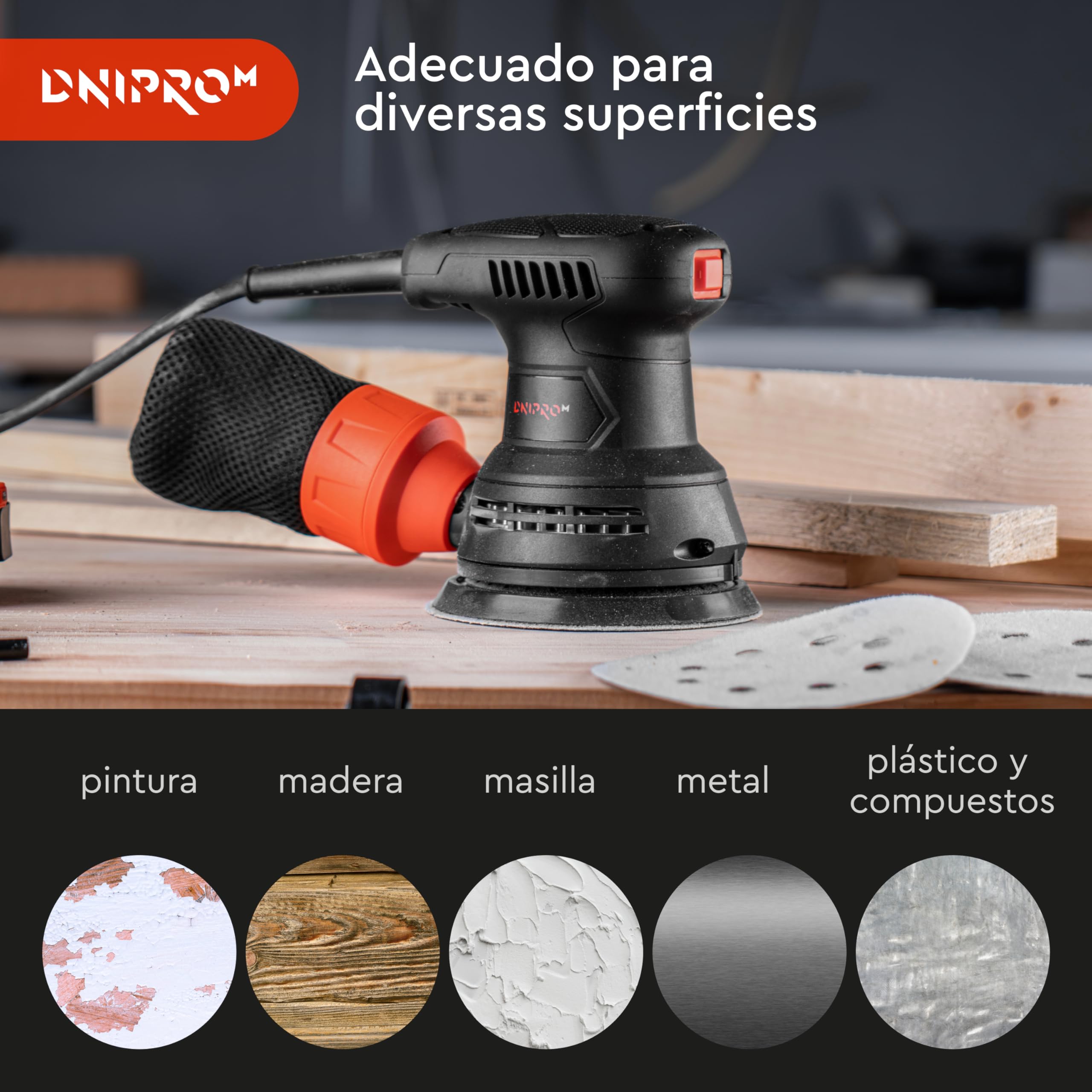 Lijadora Orbital Dnipro-M PE-29S 290W 125mm, con 20 Discos Incluidos
