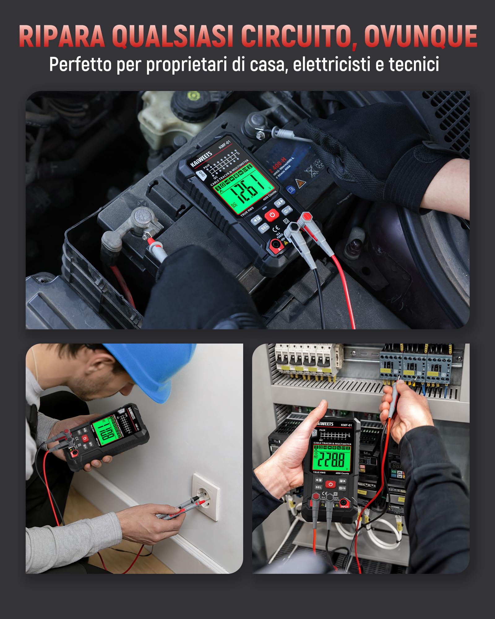 KAIWEETS Multimetro Digitale e Localizzatore di Cavi 3 in 1, Tester a Automatica Della Portata TRMS, Localizzatore di Cavi