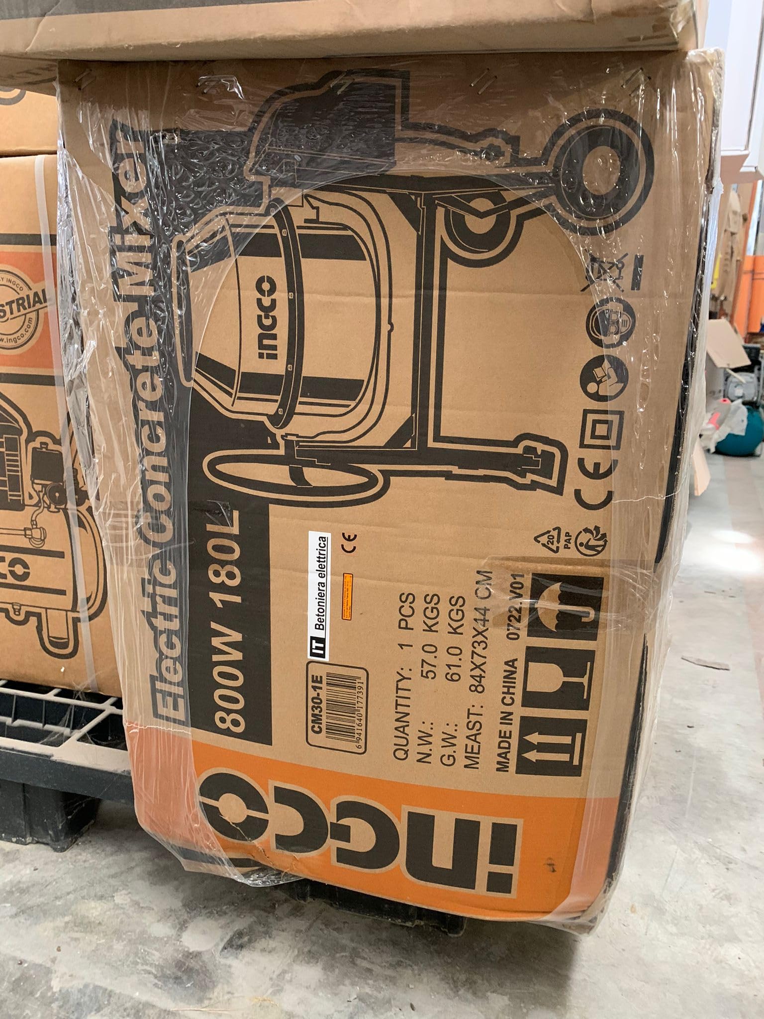 BETONIERA ELETTRICA 180LT - 800w - ghiera in ghisa - Motore a induzione in alluminio - INGCO CM30-1E