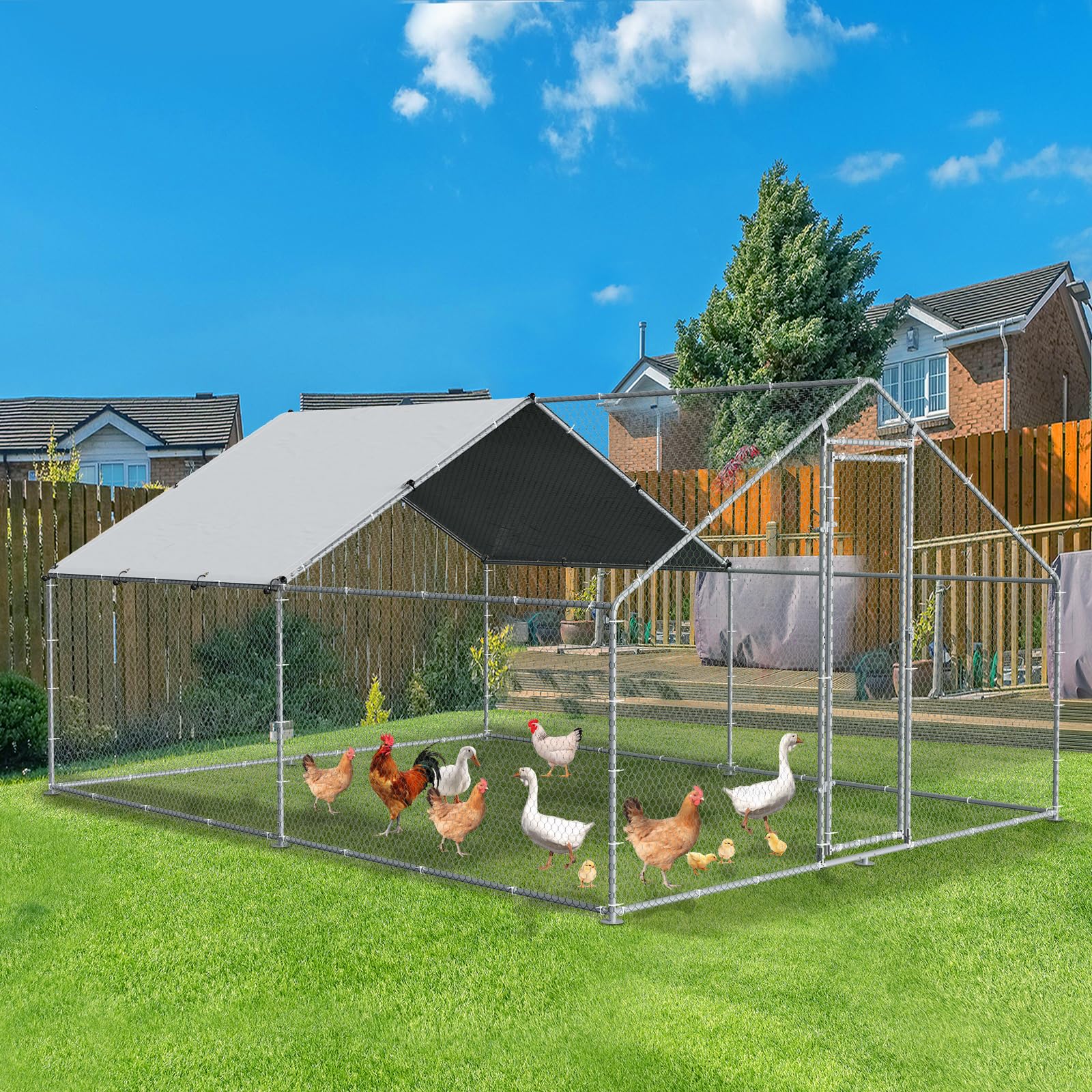 Eapele Chicken Coop Large Metal Chicken Run, Chicken Pens Outdoor Spacious Poultry Cage for 6-10 Chickens with Waterproof UV Cover for Outdoor Backyard Farming(9.84' L x 9.84' W x 6.40' H)