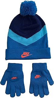 Nike Girl`s Colorblock Knit Pom Beanie & Gloves 2 Piece Set (Blue(9A2890-C6L)/P_White, 8-20 Years)