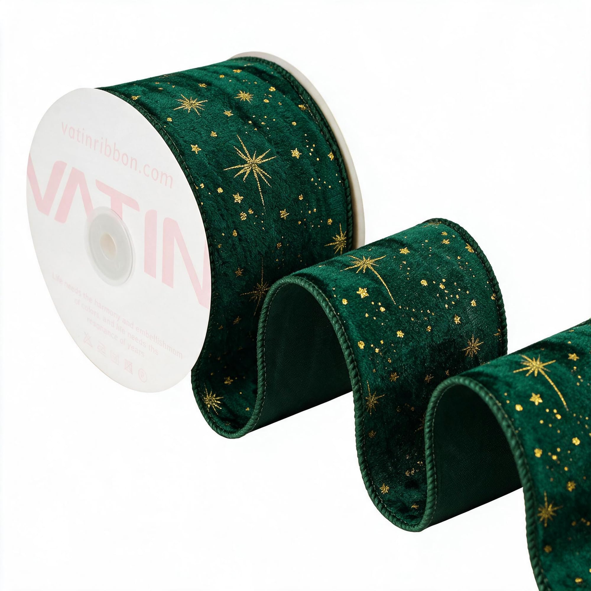 VATIN Green Pleated Velvet Gold Starburst Wired Ribbon, 65 MM x 9 M — image 1