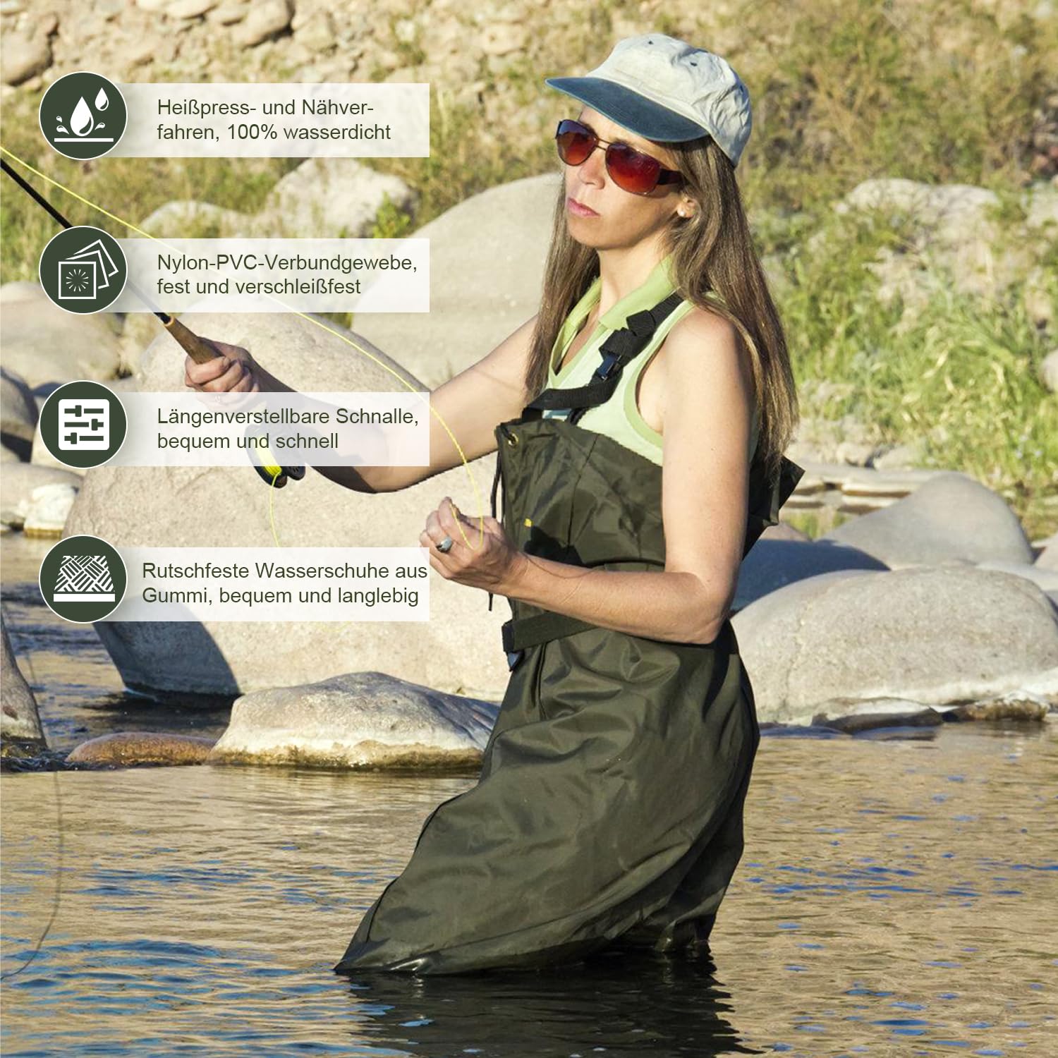 Fiqops Waders Imperméables Pantalon de Pêche avec Bottes Caoutchouc Antidérapantes