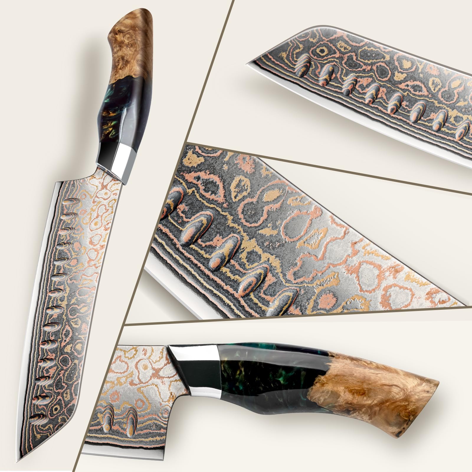 SHAN ZU Couteaux Santoku Damas 18cm, Couteau de Cuisine en Cuivre et Acier Damas 33 Couches, Couteau Japonais Santoku Professionnel Forgé à la Main avec Manche en Bois d'érable - VENUS Series