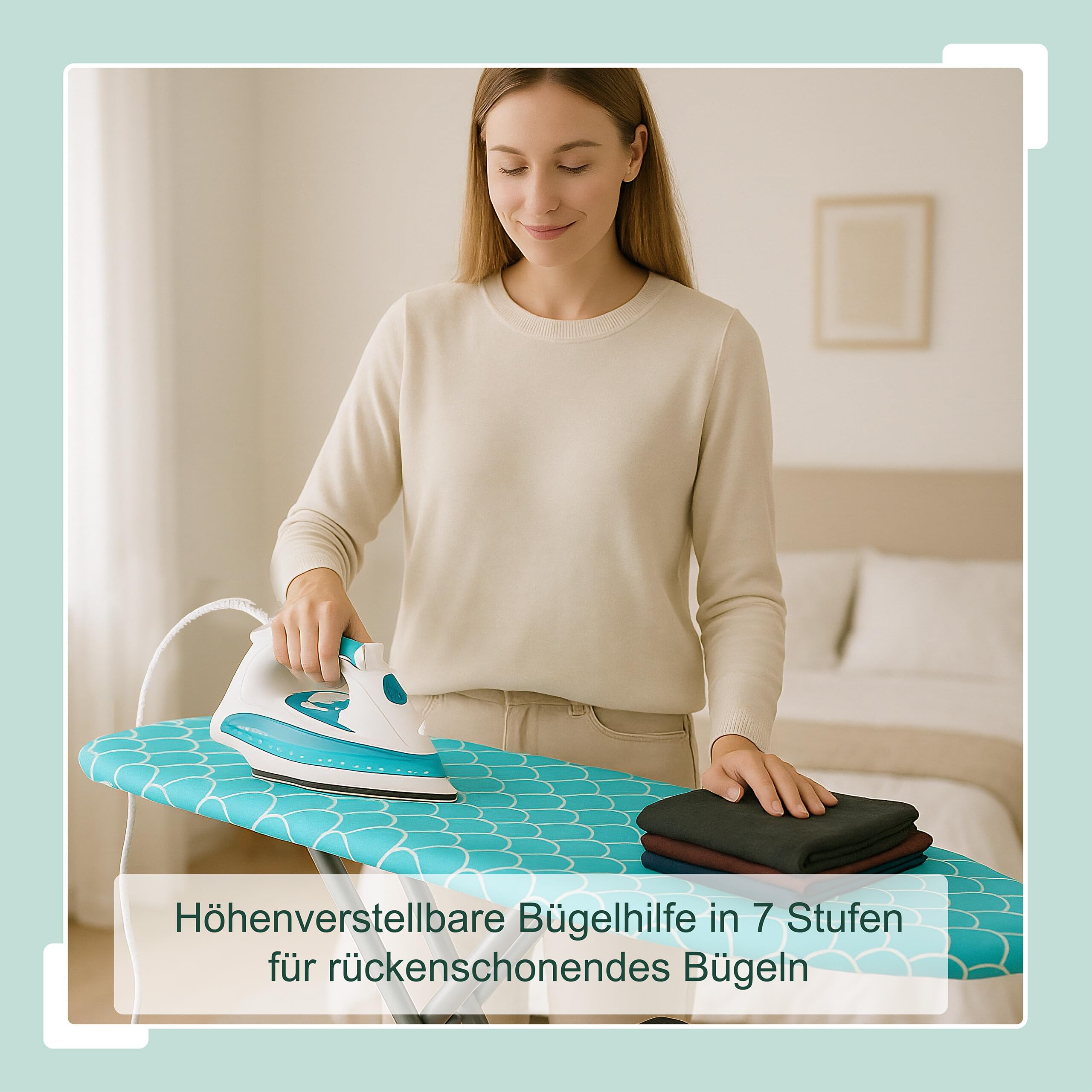 Relaxdays Bügelbrett für Dampfbügeleisen, 122 x 39,5 cm, höhenverstellbar, klappbar, Ablage, Bügeltisch, türkis/Silber
