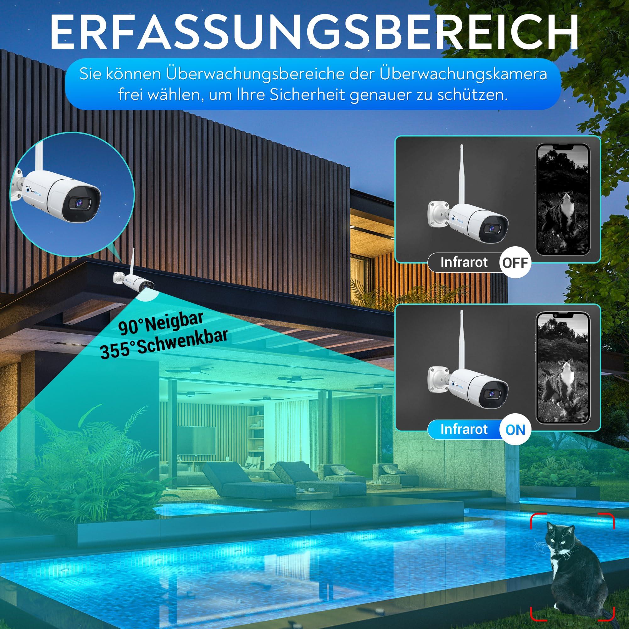 【3MP+Mikrofon+PC Software】 Dual WLAN Funk Überwachungssystem mit Monitor, Überwachungskamera Set Nachtsicht in Farbe, KI Personenerkennung, 2-Wege Audio, 10 Kanal NVR, 4 WiFi Kameras für Aussen