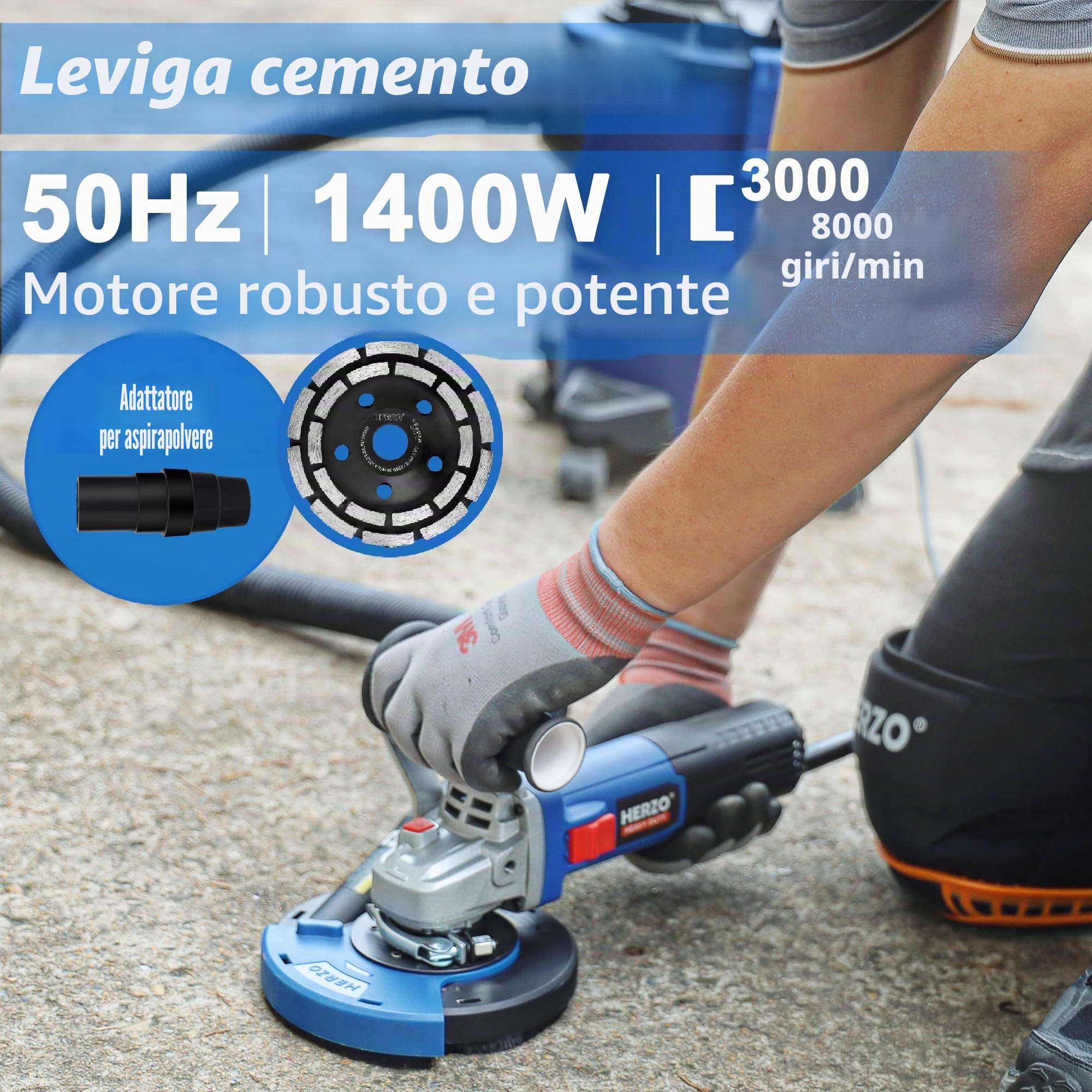 Smerigliatrice per calcestruzzo1400W,HERZO set con mola diamantata e cappa di aspirazione (125 mm)