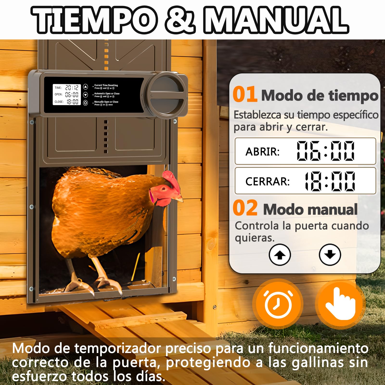Puerta Gallinero Automatica Grande con Pantalla LCD, Puerta Automática Gallinero con Función Manual y Temporizador | Aluminio | Anti-atrapamiento, Puerta Gallinero Alimentada por Batería