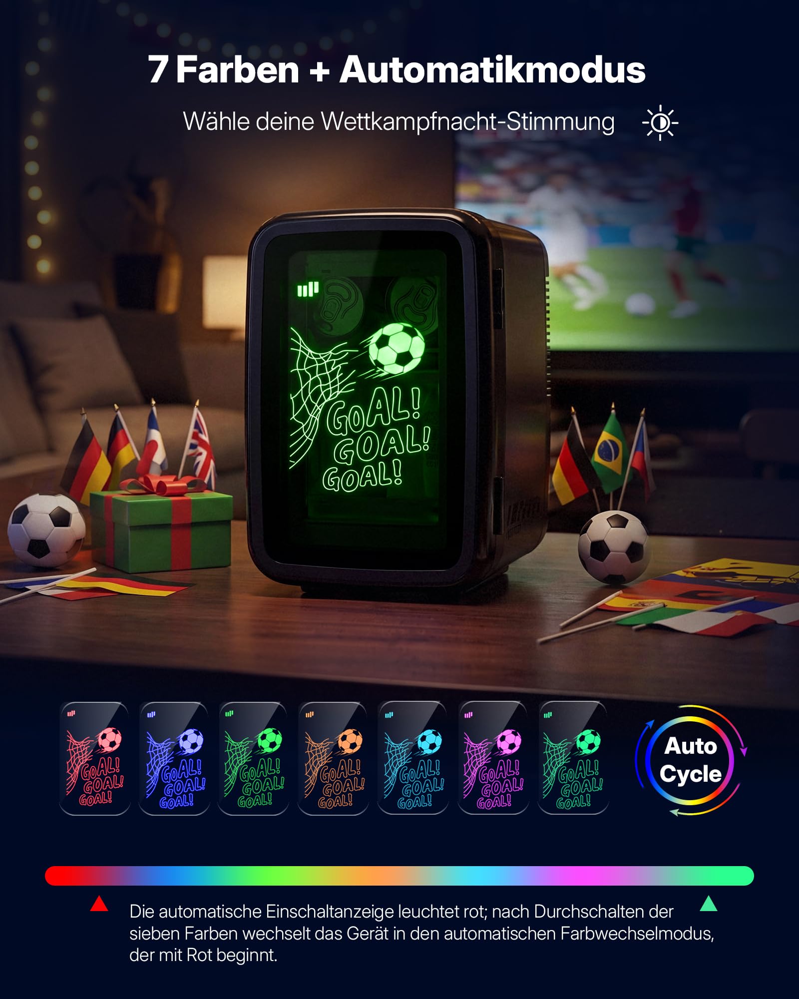 Upstreman Mini Kühlschrank, 4L / 6 Dosen, 7 Farben LED, Kühlen & Warmhalten Minikühlschrank für Getränke & Skincare, AC 220V / DC 12V, Kleiner Kühlschrank für Fußballspiel, Gaming, Auto, TR4-F