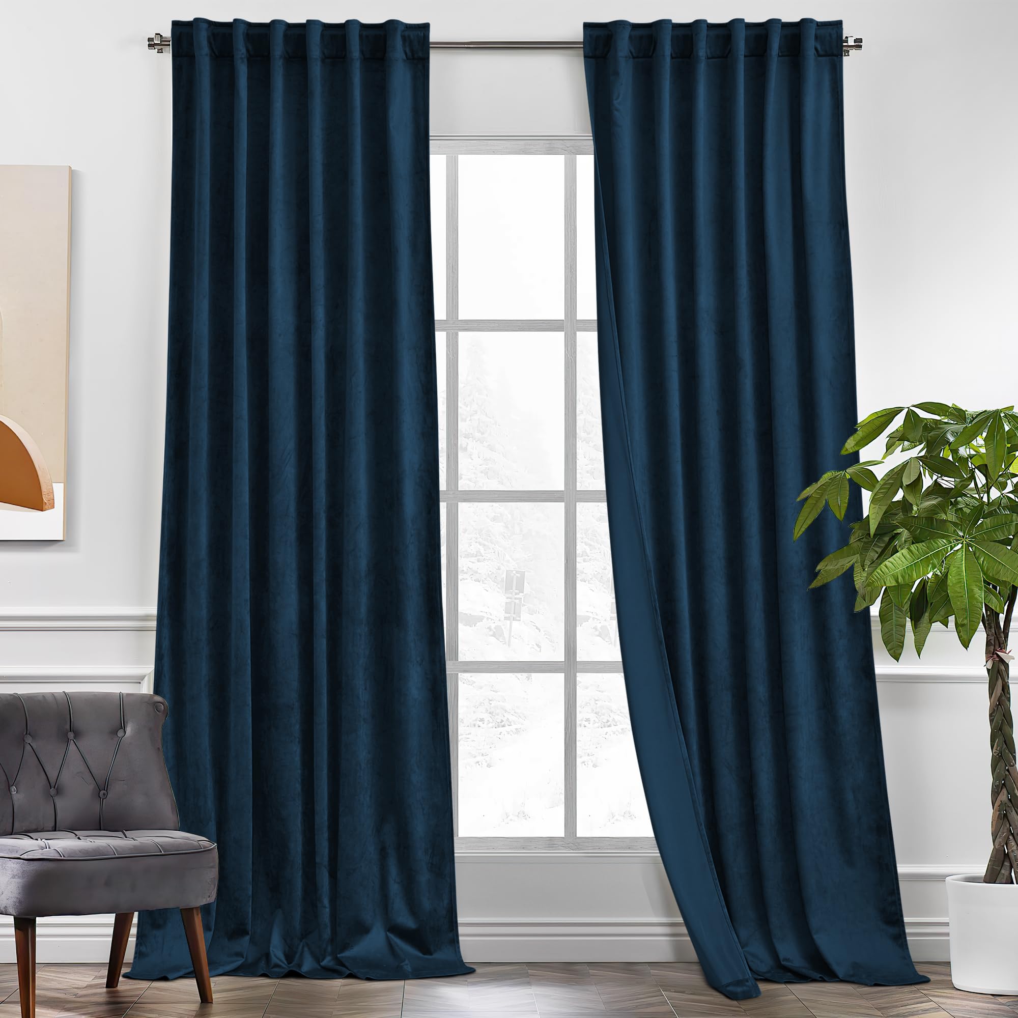KGORGE Navy Blue Velvet Curtains 90 inches 2 Panels, Velvet Blackout Curtains for Bedroom Living Room, Soft Darkening Thermal Insulating Window Drapes
