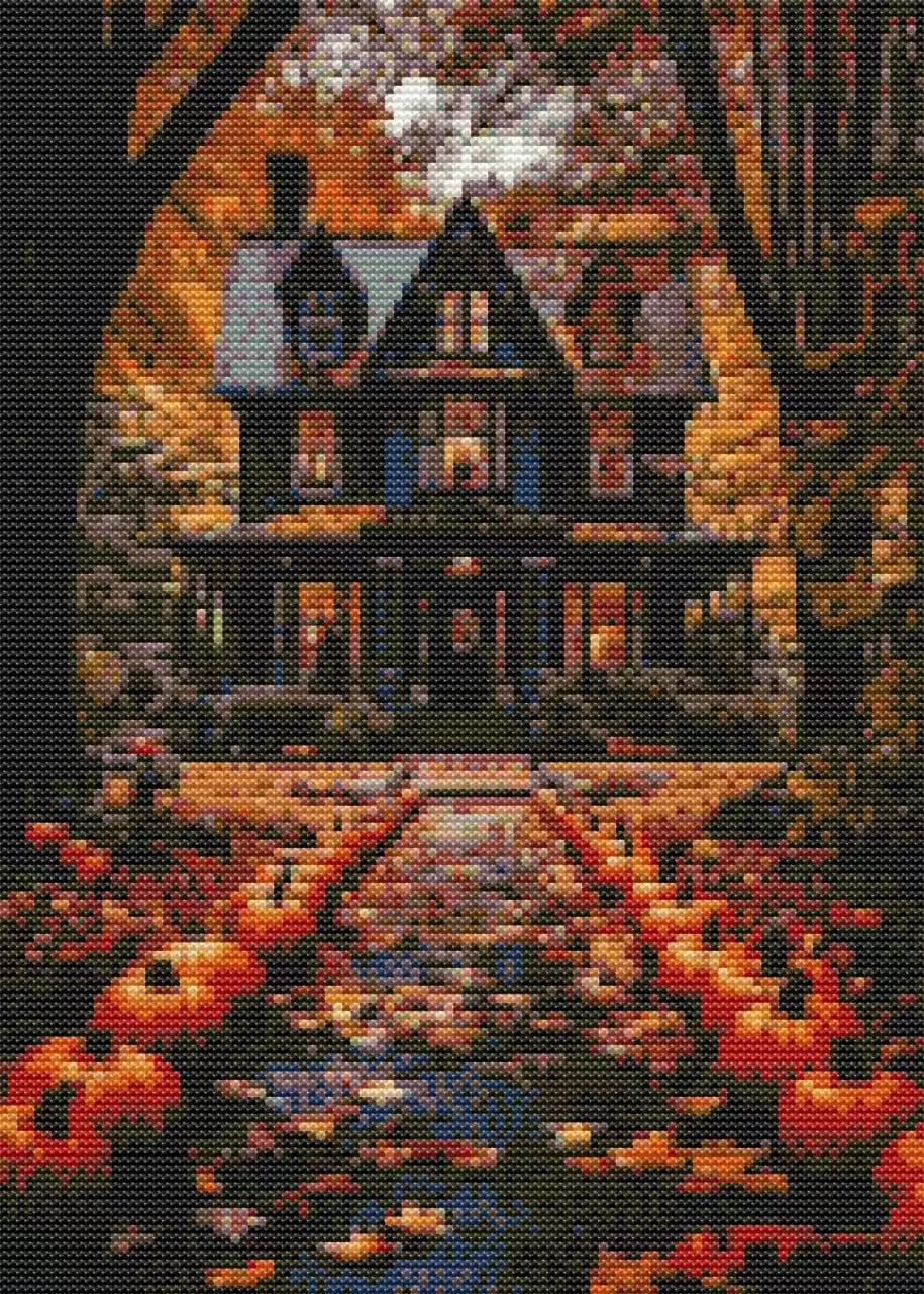 Eiazuiks Castle Halloween Stamping Cross Stitch Kit, Halloween Counting Cross Stitch Kit For Adult Beginners, Full Line Diy Stitching Kit For Home Decor Cross Stitch Patterns 12X16 Inches